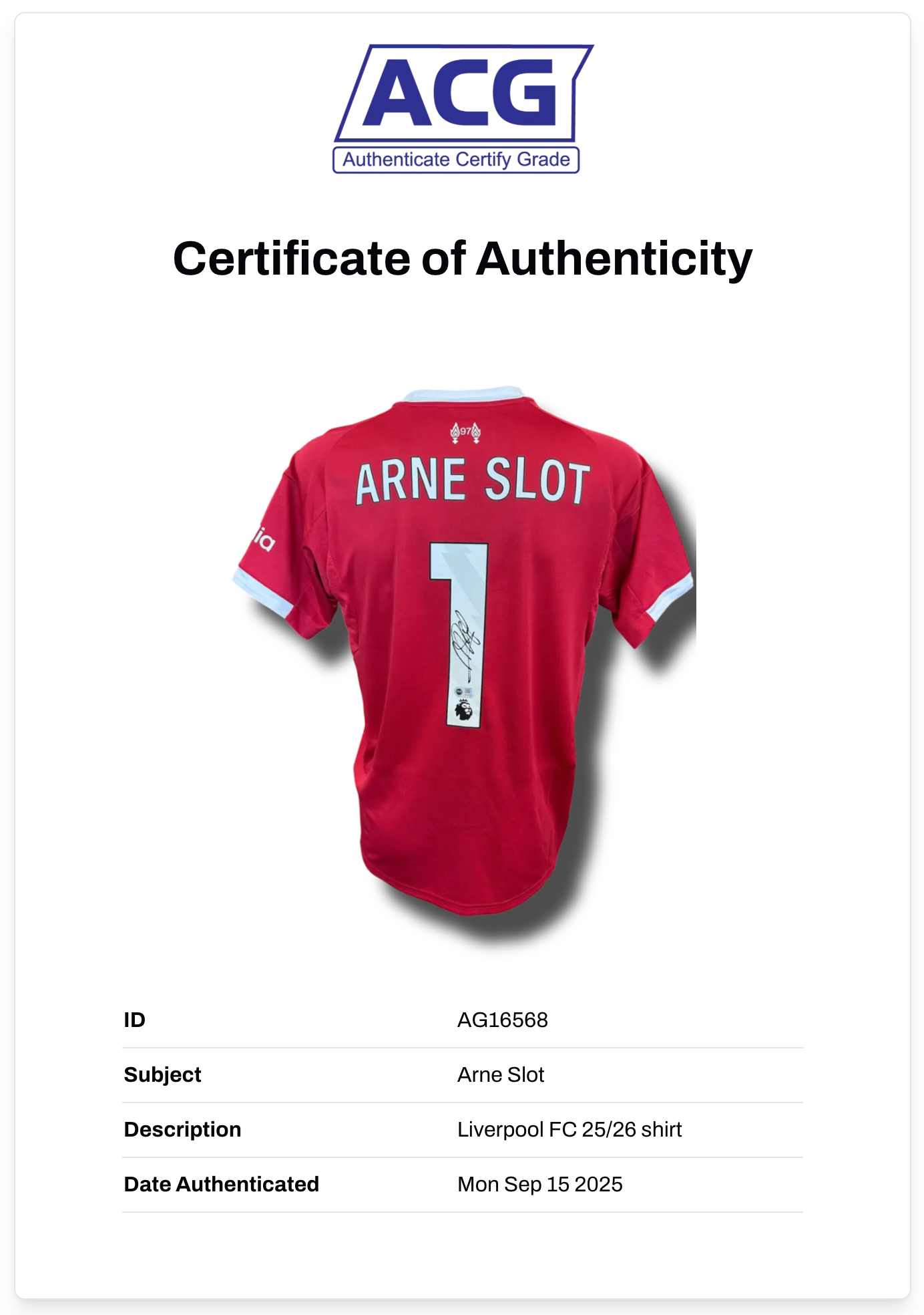 ARNE SLOT SIGNED 2025/26 LIVERPOOL FC HOME SHIRT (ACG CERT AG16568)