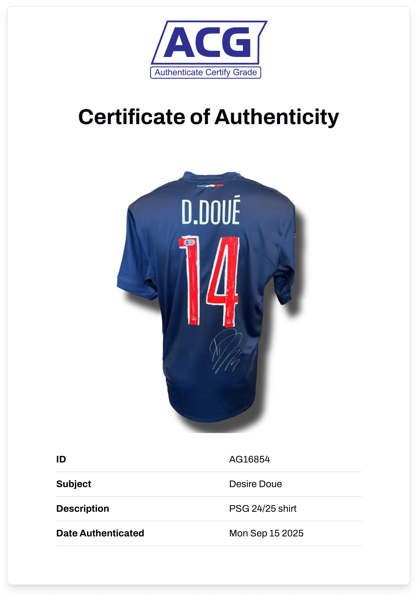 DESIRE DOUE SIGNED 2024/25 PSG UCL HOME SHIRT DOUE 14 (ACG CERT AG16858)