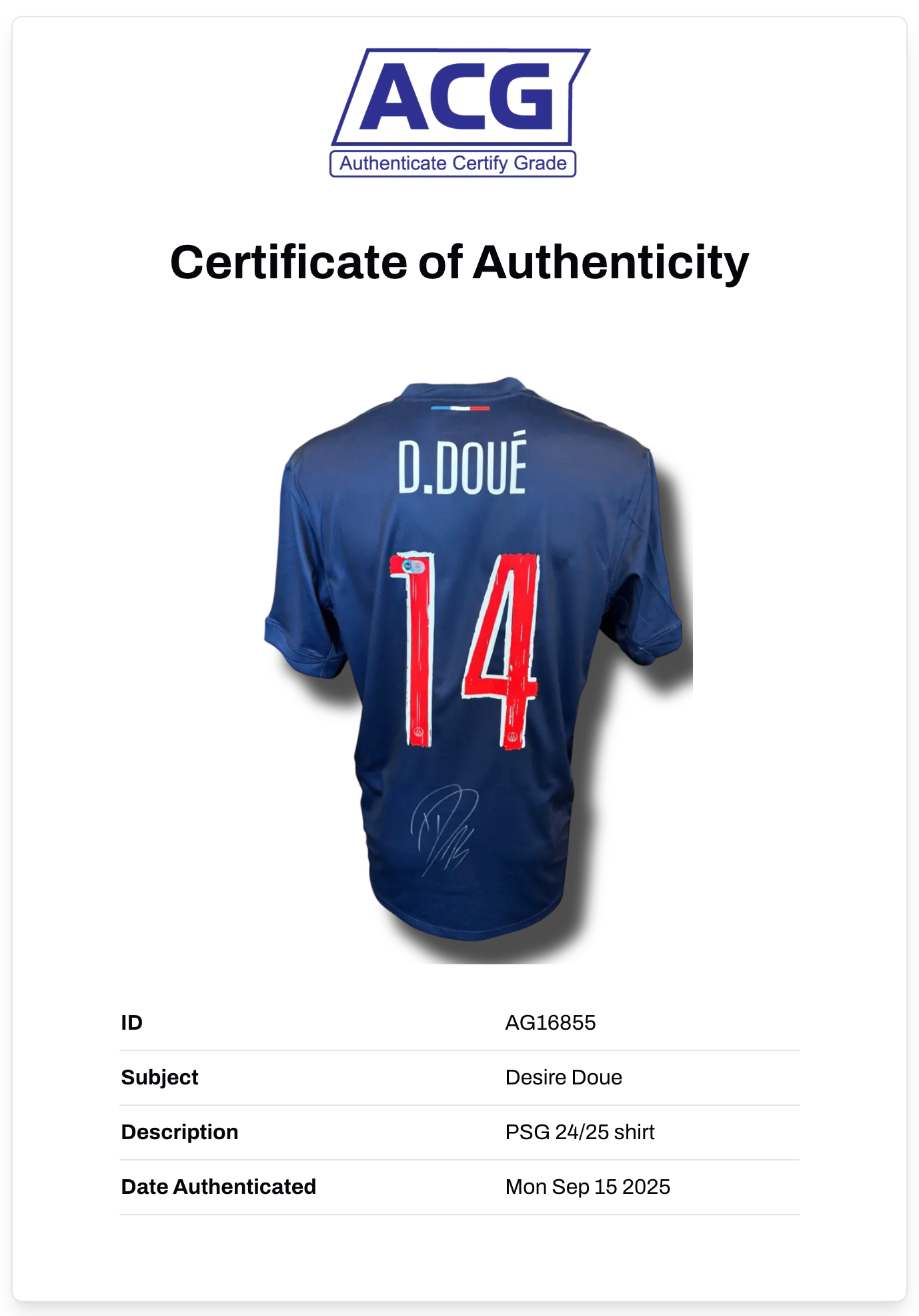 DESIRE DOUE SIGNED 2024/25 PSG UCL HOME SHIRT DOUE 14 (ACG CERT AG16855)