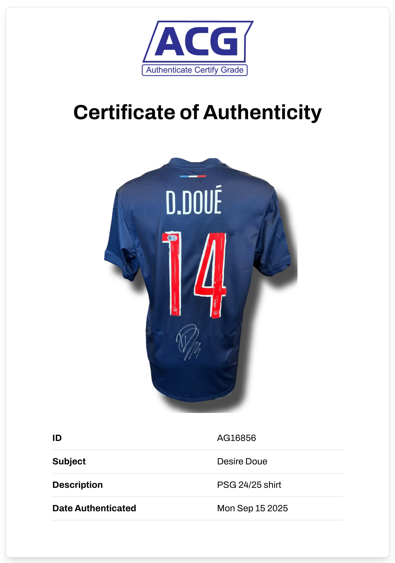 DESIRE DOUE SIGNED 2024/25 PSG UCL HOME SHIRT DOUE 14 (ACG CERT AG16856)