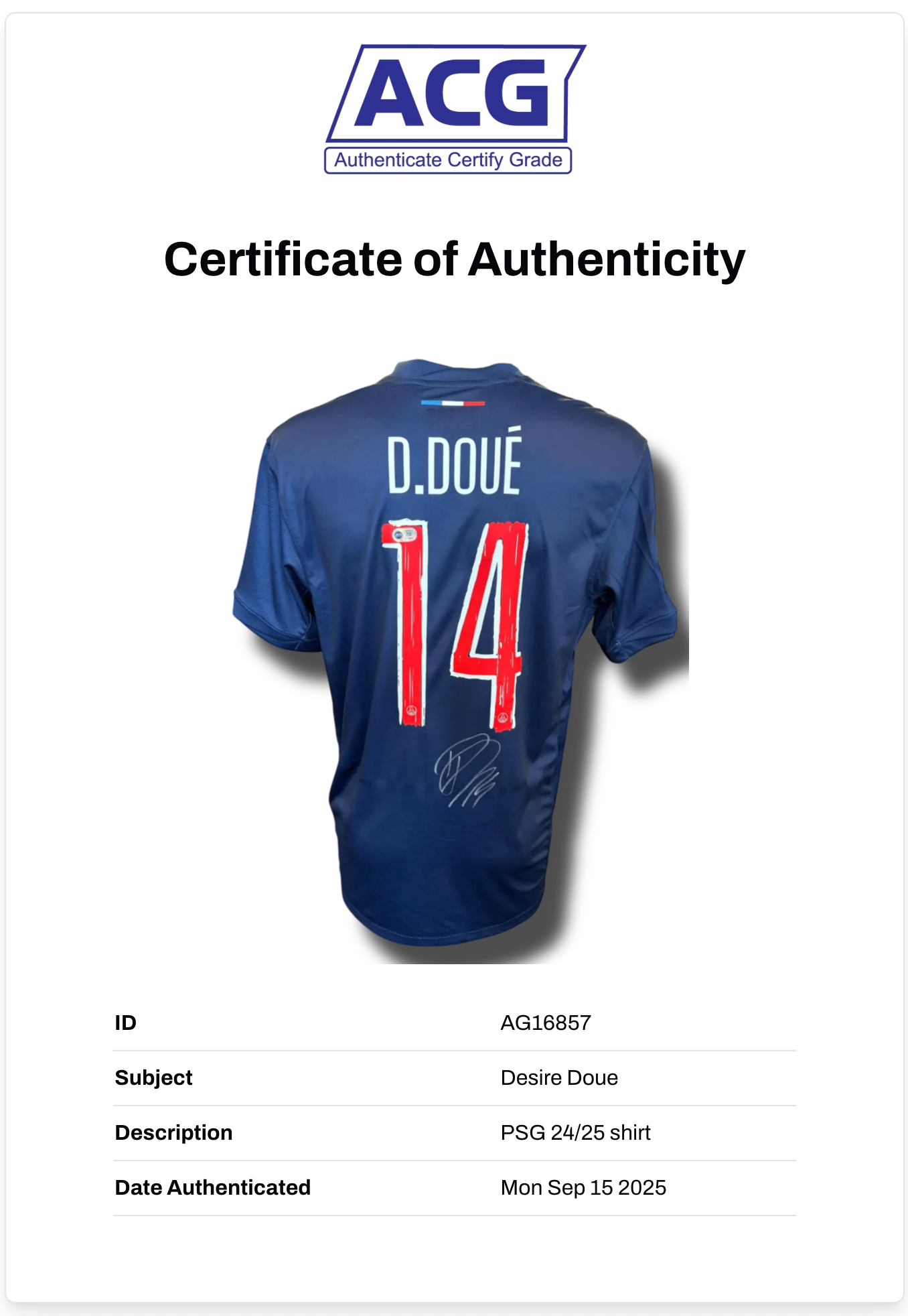 DESIRE DOUE SIGNED 2024/25 PSG UCL HOME SHIRT DOUE 14 (ACG CERT AG16857)