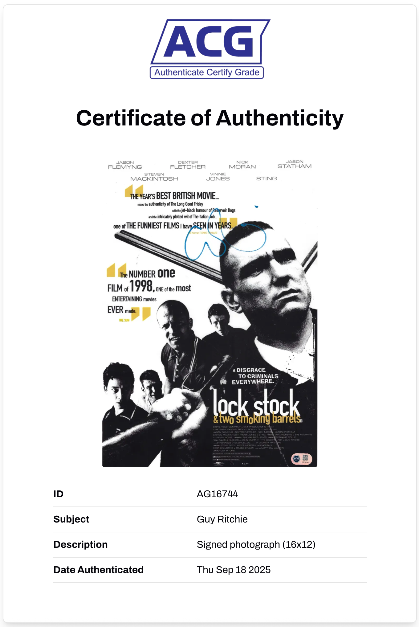 GUY RITCHIE SIGNED 16x12 LOCK STOCK MOVIE POSTER PHOTO (ACG CERT AG16744)