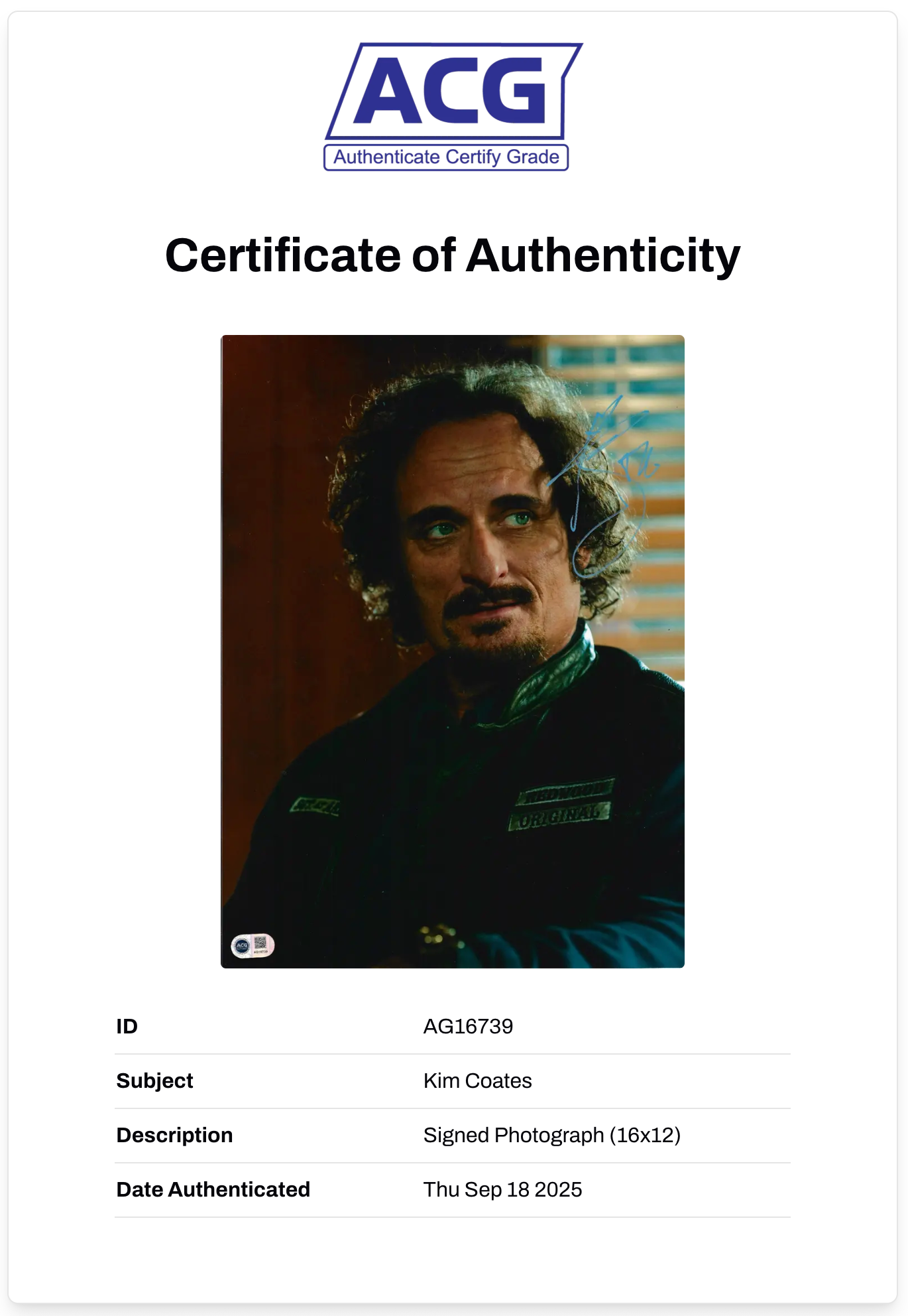 KIM COATES SIGNED SONS OF ANARCHY TIG 16x12 PHOTO (ACG CERT AG16739)