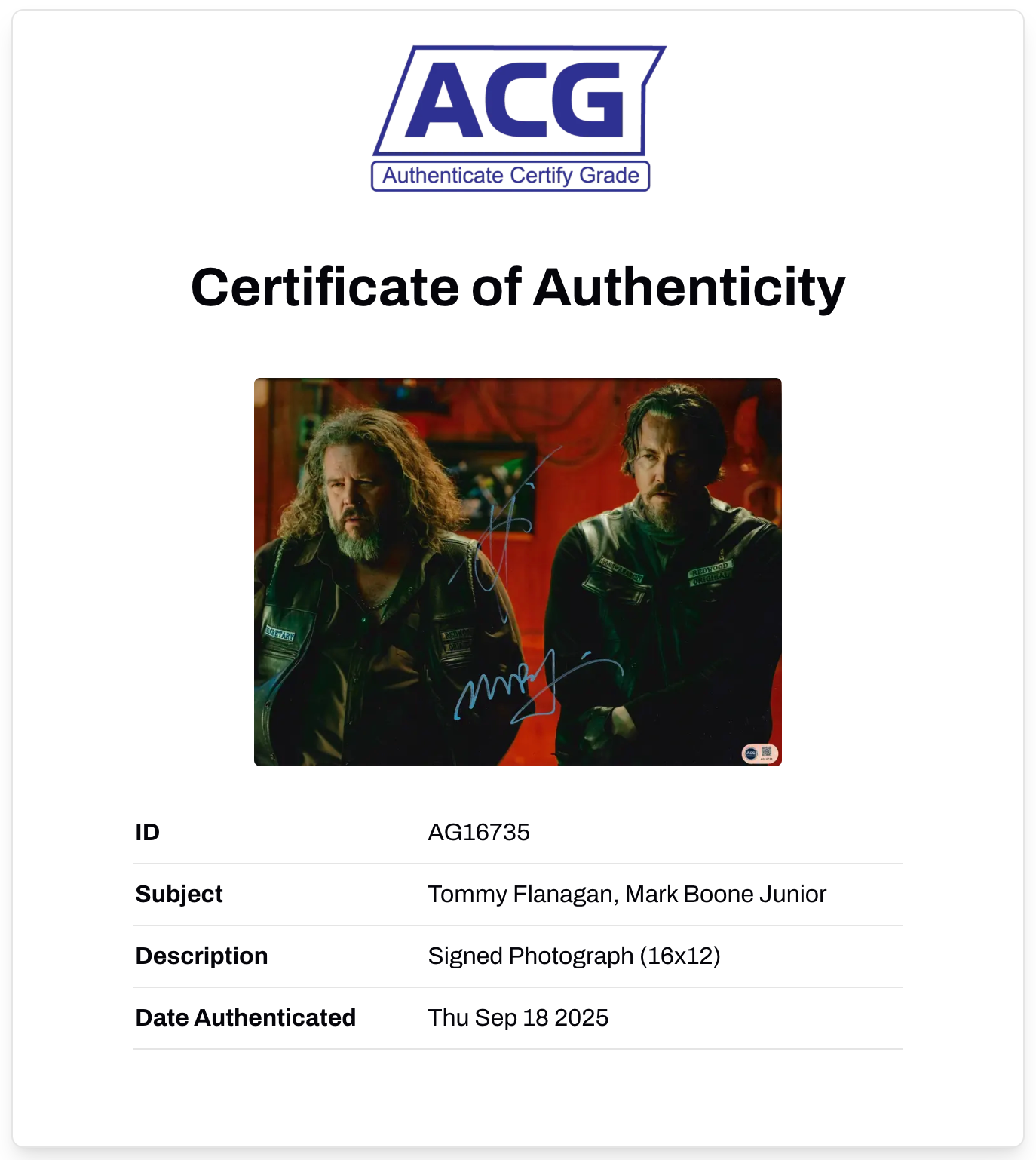 TOMMY FLANAGAN & MARK BOONE JUNIOR SIGNED SONS OF ANARCHY 16x12 PHOTO (ACG CERT AG16735)