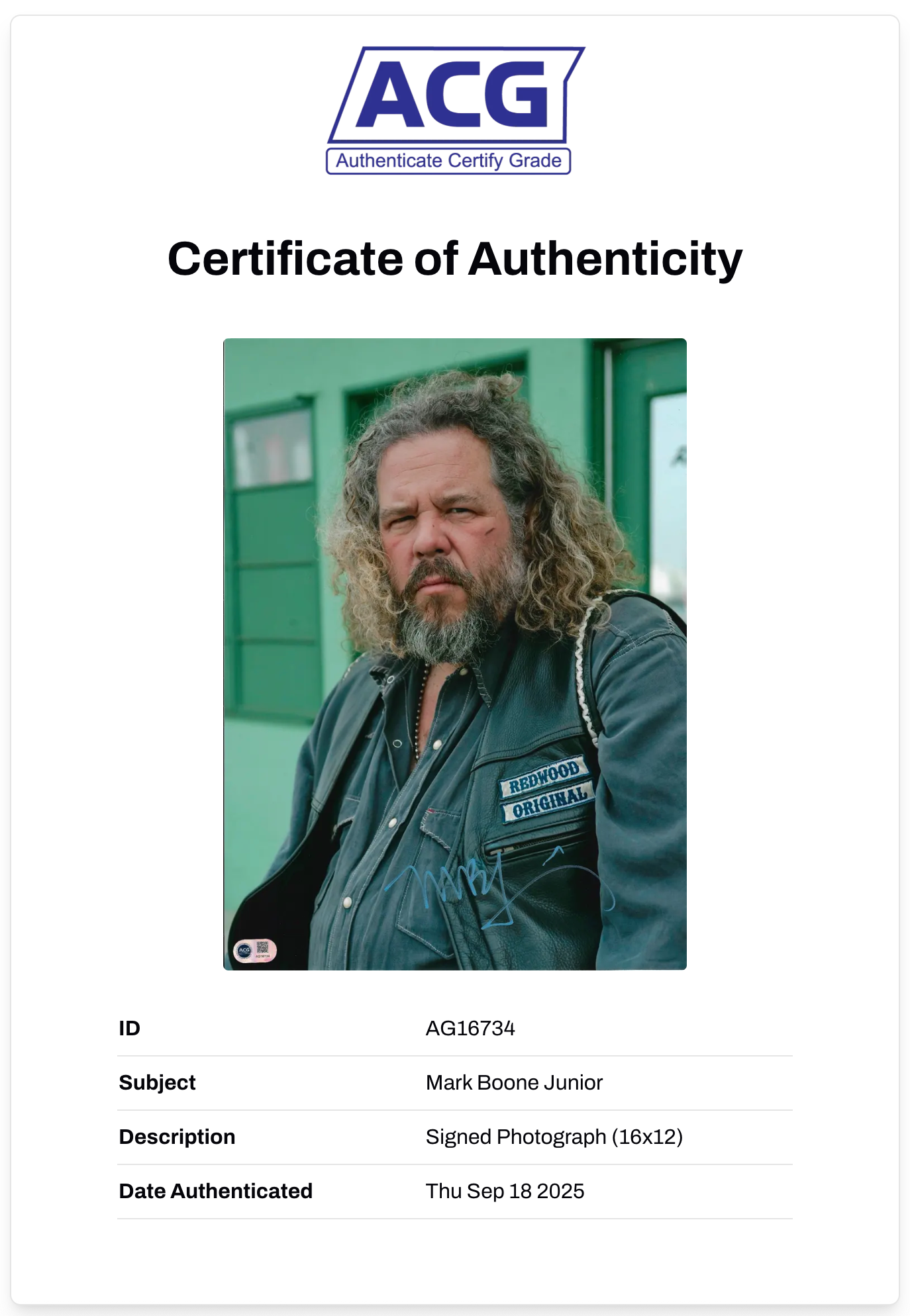MARK BOONE JUNIOR SIGNED SONS OF ANARCHY BOBBY 16x12 PHOTO (ACG CERT AG16734)