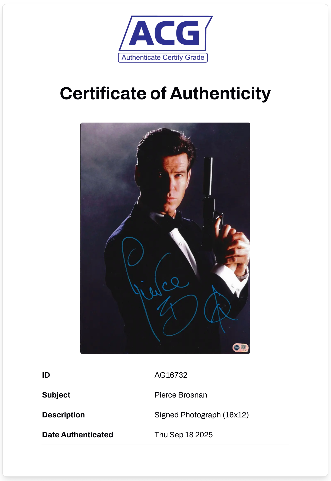 PIERCE BROSNAN SIGNED 16x12 JAMES BOND 007 PHOTO (ACG CERT AG16732)