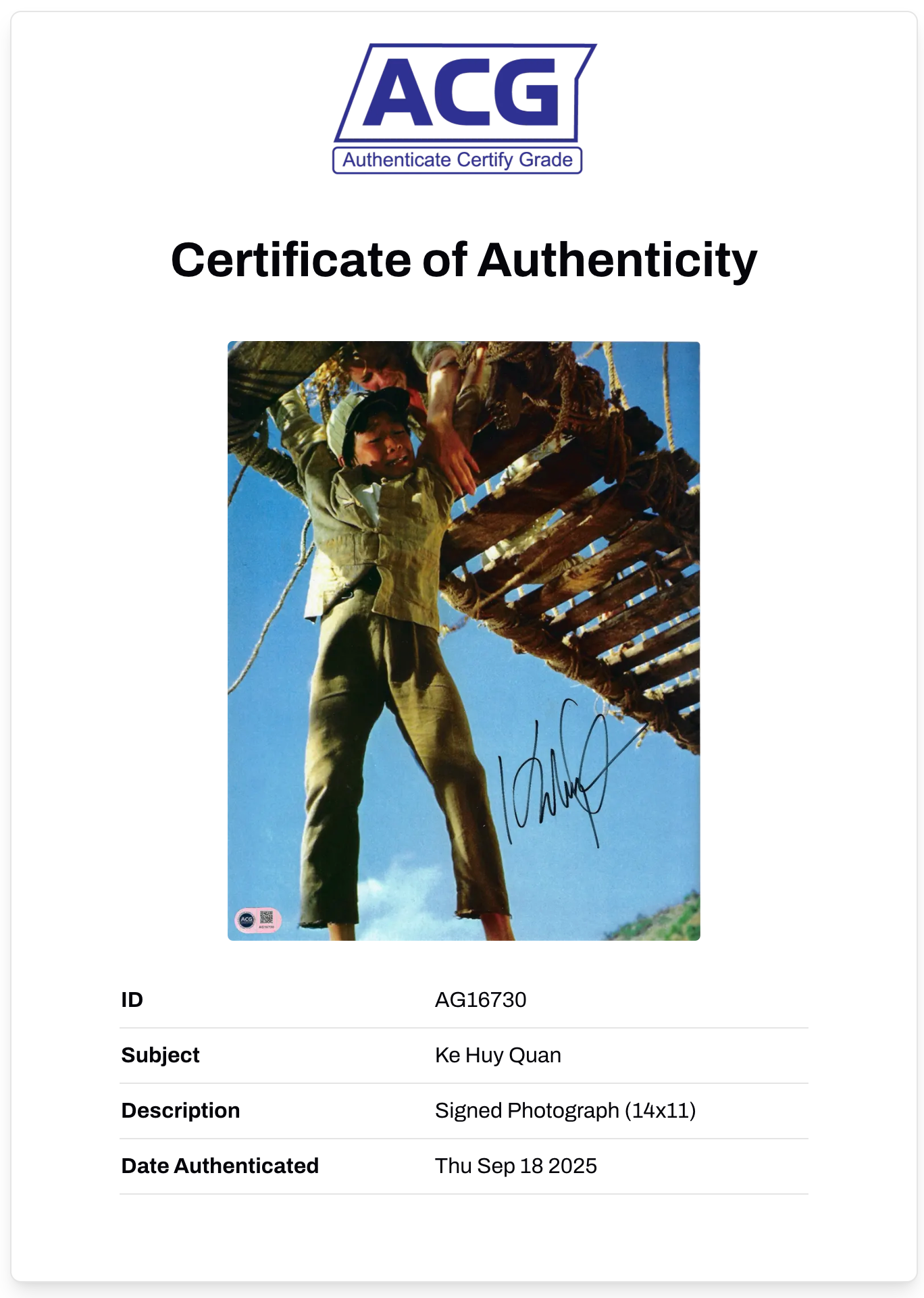 KE HUY QUAN SIGNED INDIANA JONES SHORT ROUND 14x11 PHOTO (ACG CERT AG16730)