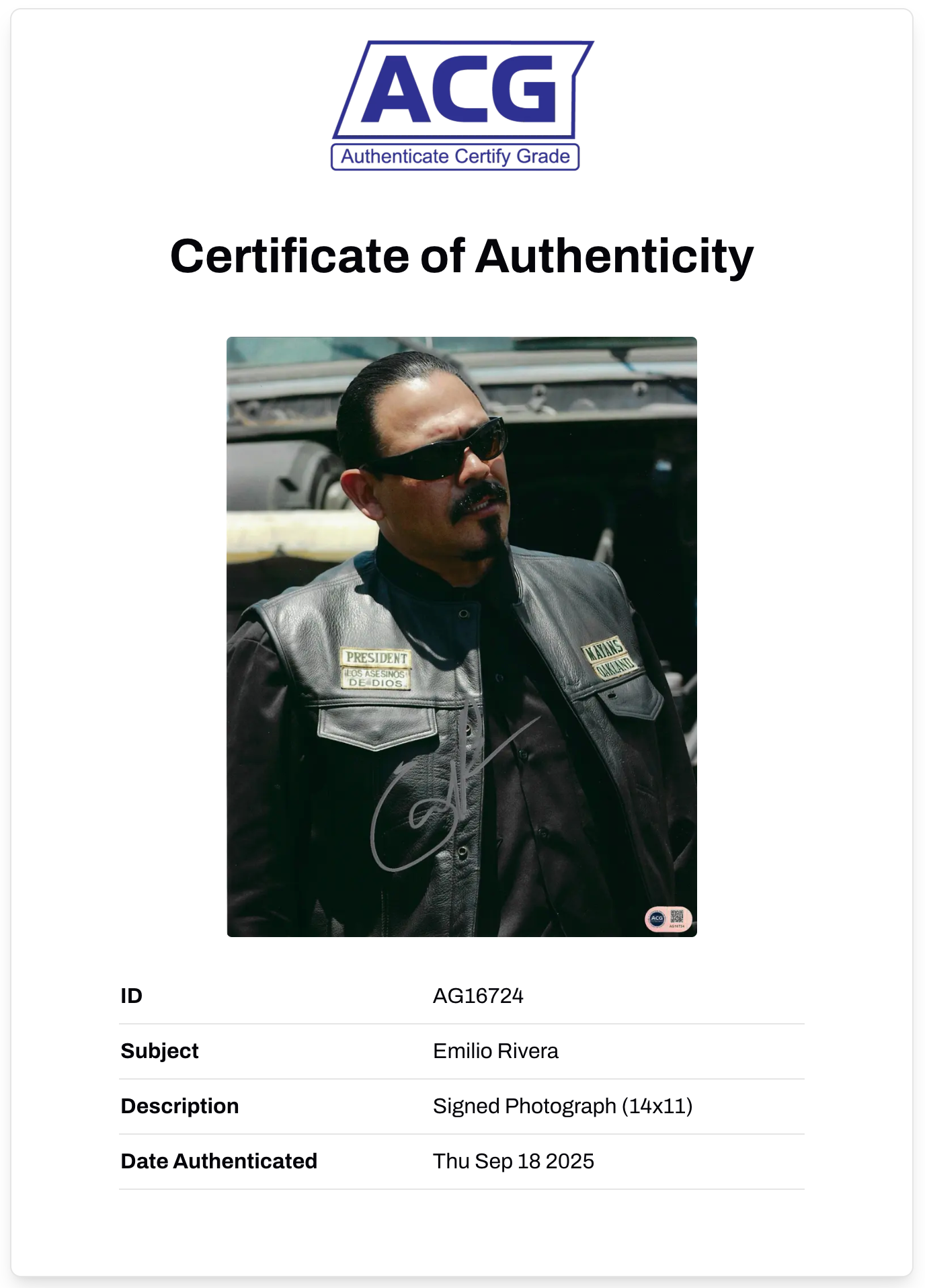 EMILIO RIVERA SIGNED ALVAREZ SONS OF ANARCHY MAYANS 14x11 PHOTO (ACG CERT AG16724)
