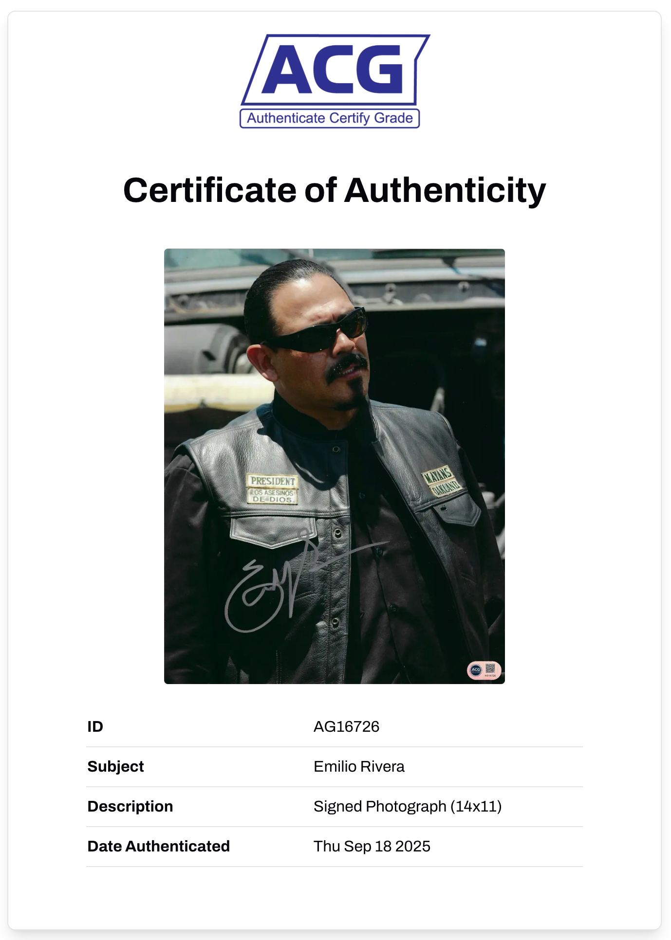 EMILIO RIVERA SIGNED ALVAREZ SONS OF ANARCHY MAYANS 14x11 PHOTO (ACG CERT AG16726)