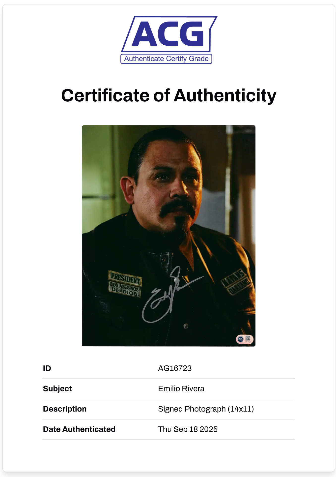 EMILIO RIVERA SIGNED ALVAREZ SONS OF ANARCHY MAYANS 14x11 PHOTO (ACG CERT AG16723)
