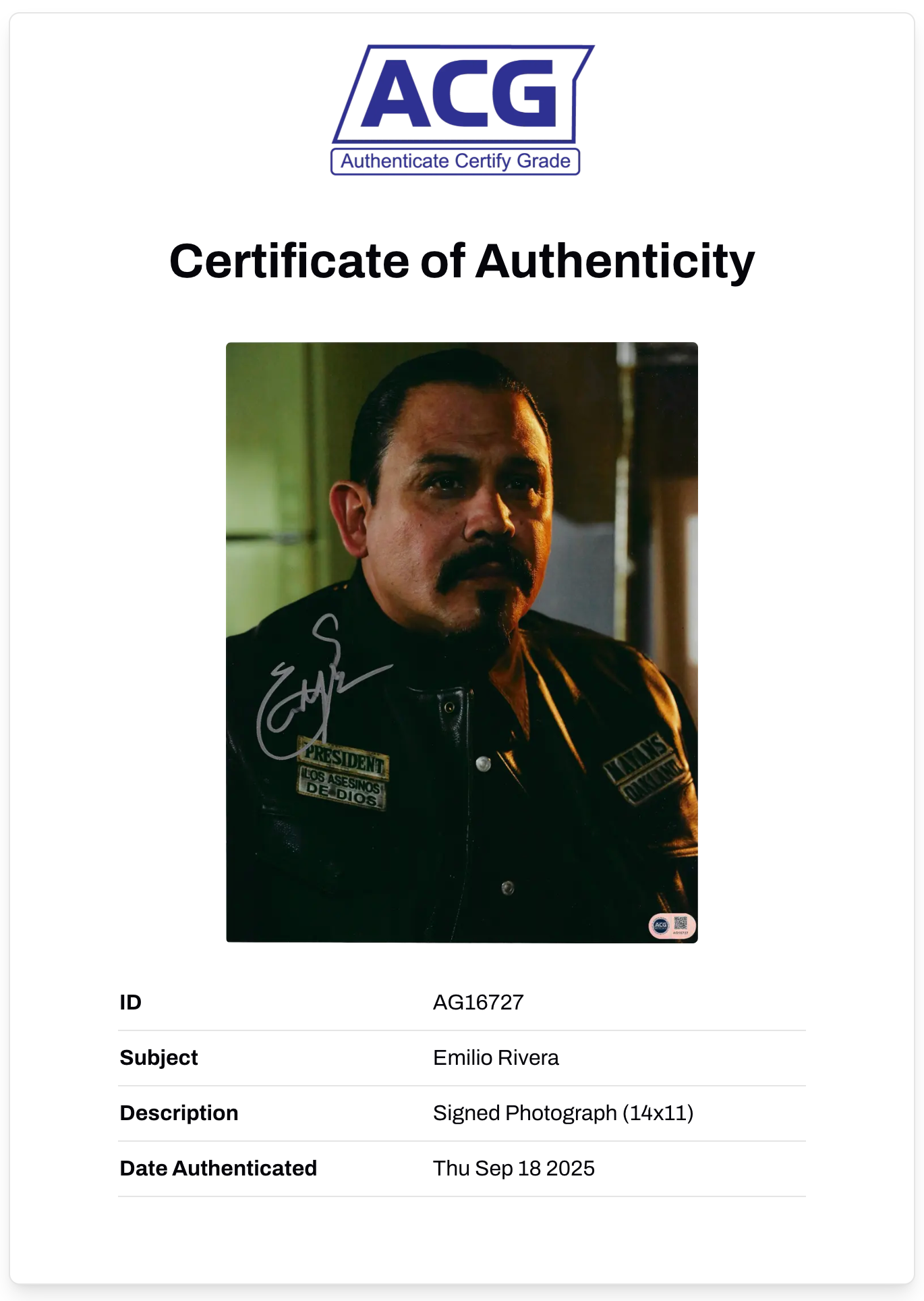 EMILIO RIVERA SIGNED ALVAREZ SONS OF ANARCHY MAYANS 14x11 PHOTO (ACG CERT AG16727)
