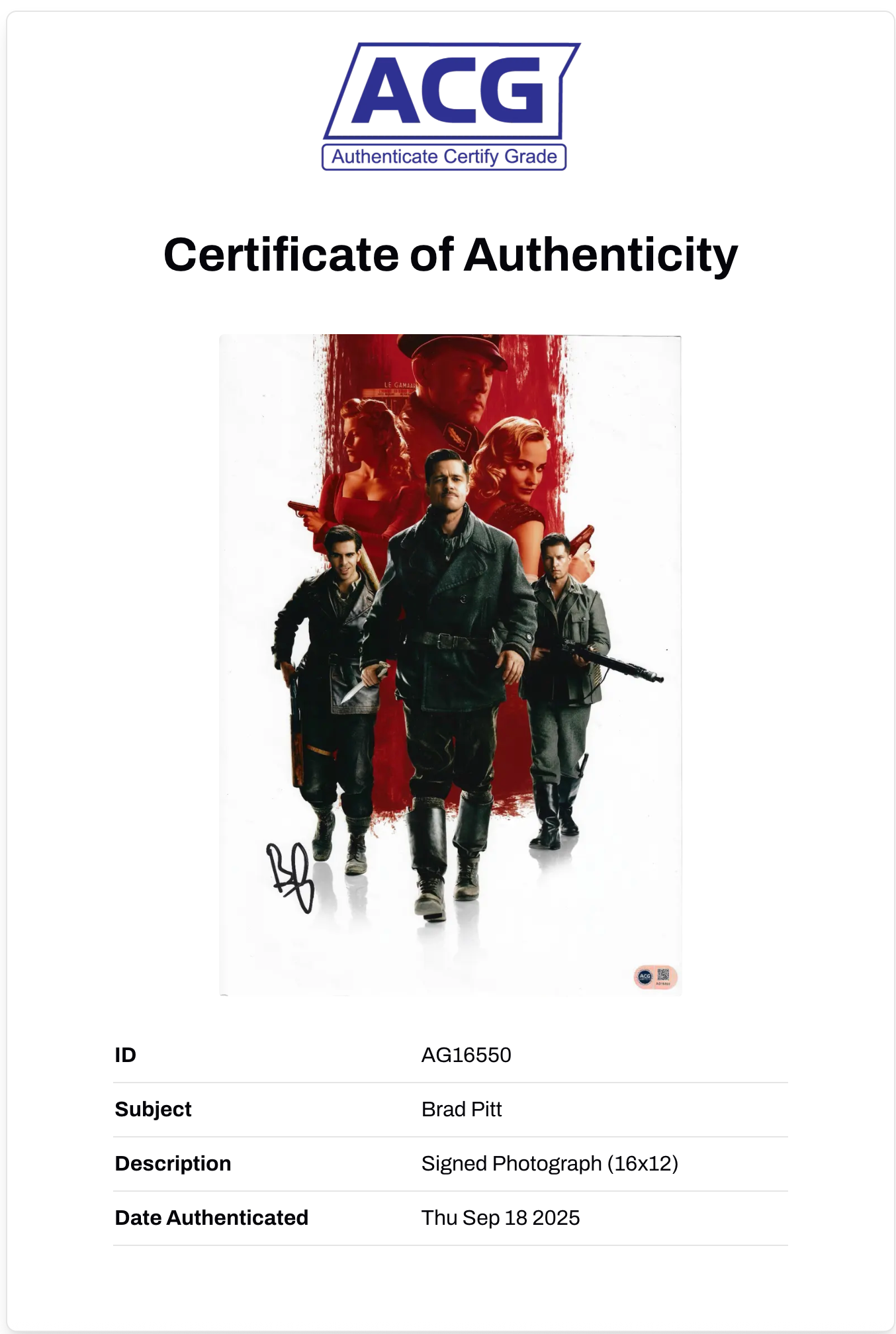 BRAD PITT SIGNED INGLORIOUS BASTERDS 16x12 PHOTO (ACG CERT AG16550)