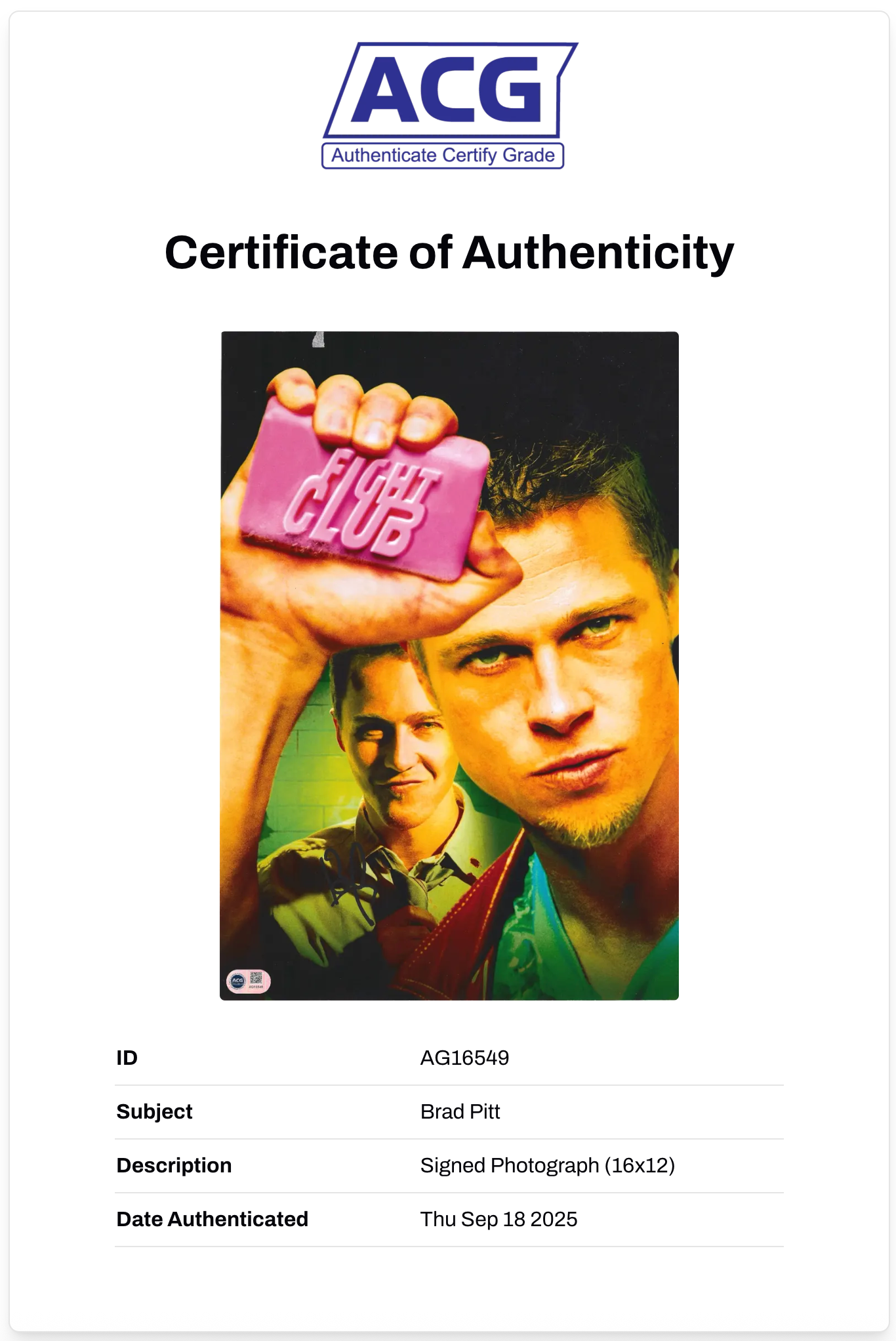 BRAD PITT SIGNED FIGHT CLUB 16x12 PHOTO (ACG CERT AG16549)