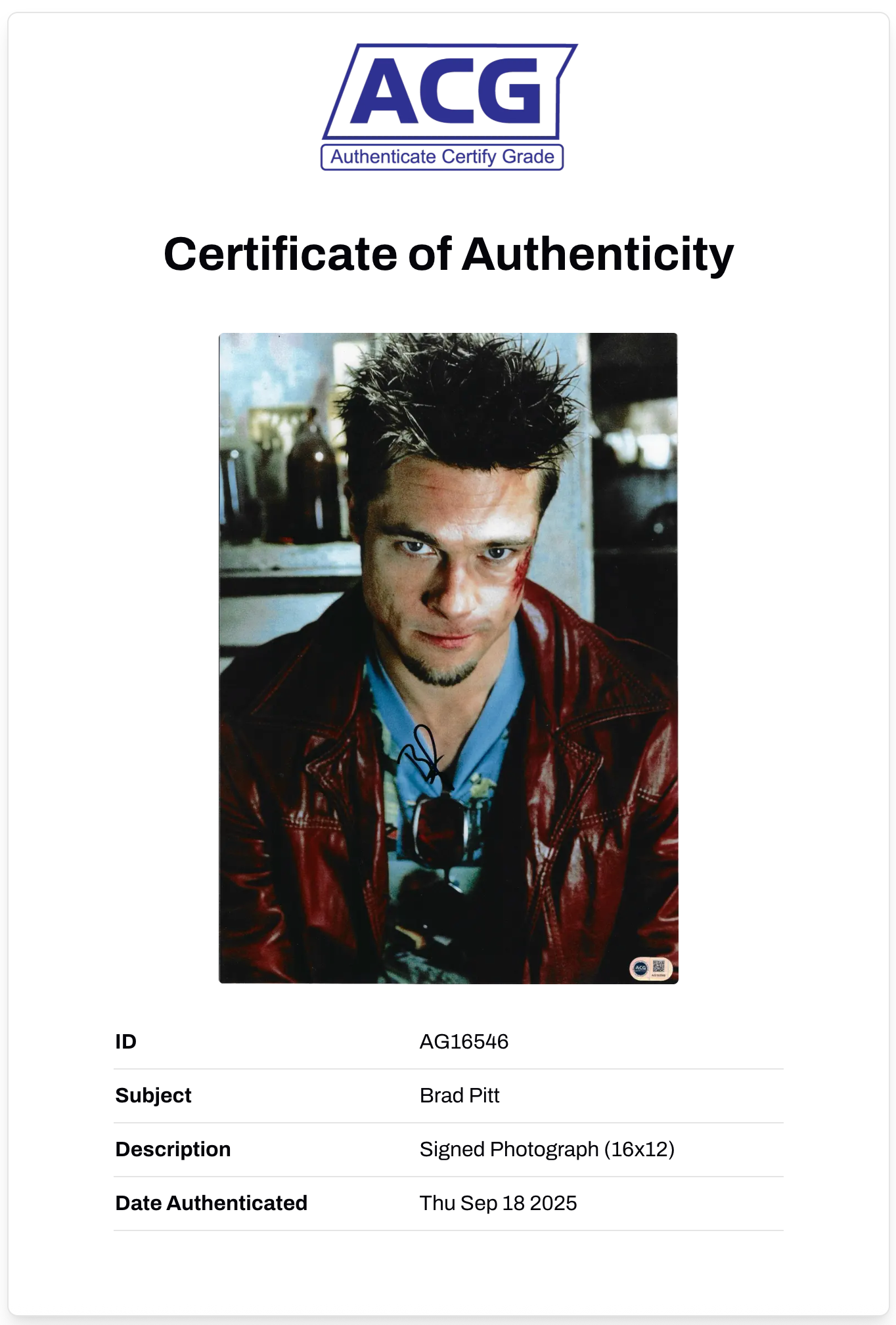 BRAD PITT SIGNED FIGHT CLUB 16x12 PHOTO (ACG CERT AG16546)