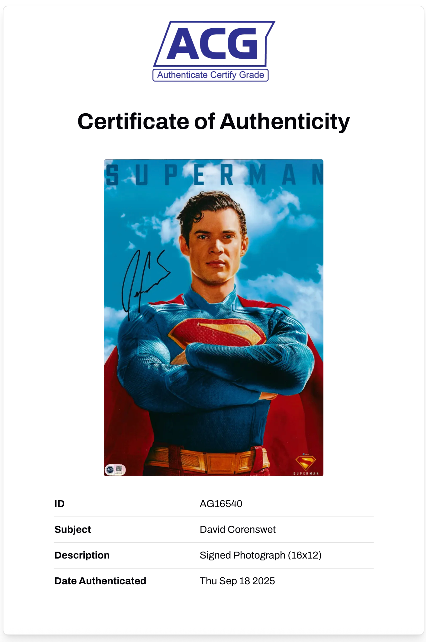DAVID CORENSWET SIGNED SUPERMAN 16x12 PHOTO (ACG CERT AG16540)