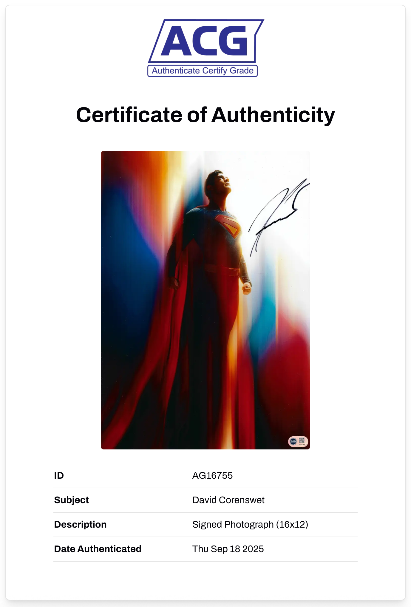 DAVID CORENSWET SIGNED SUPERMAN 16x12 PHOTO (ACG CERT AG16755)