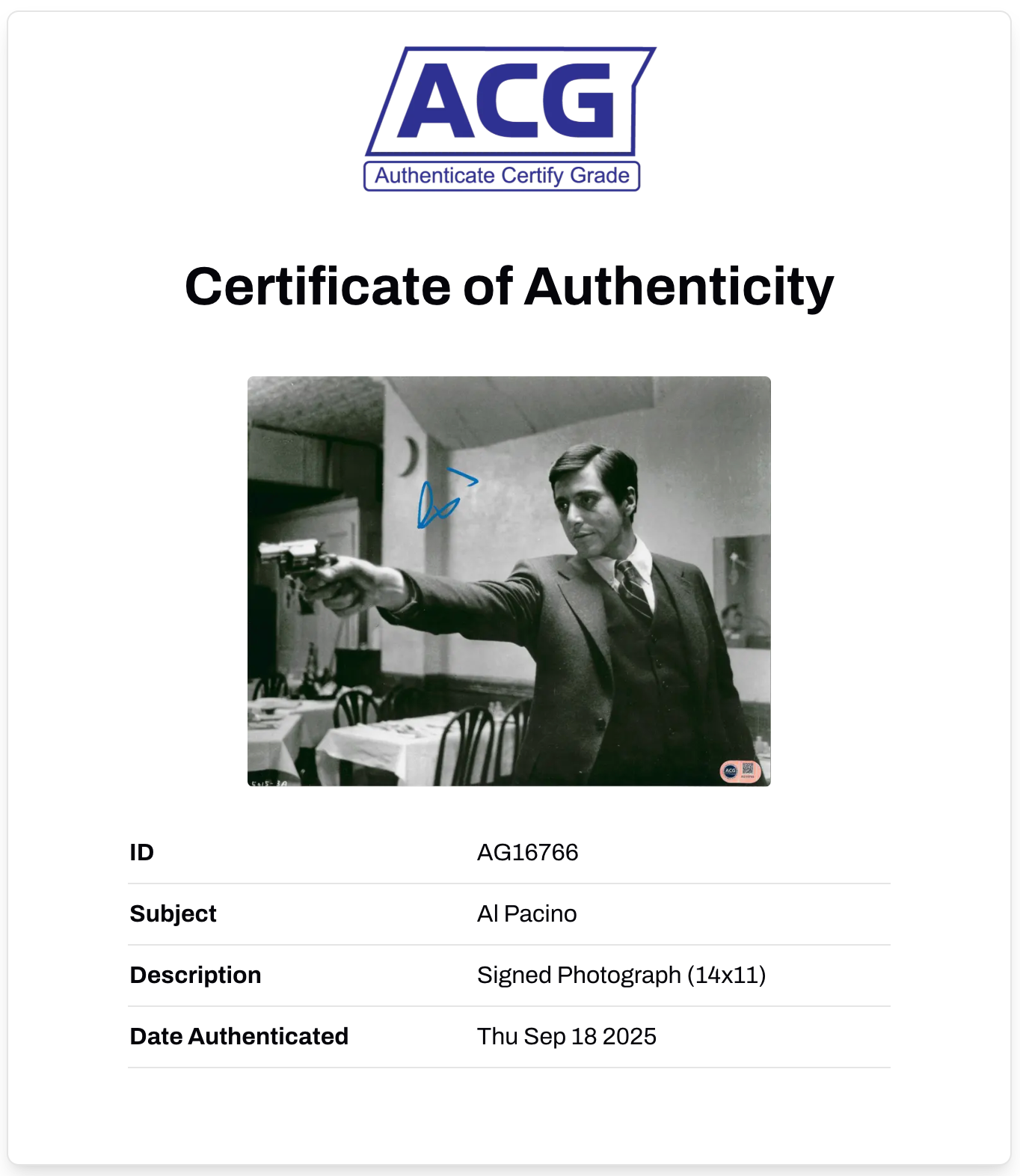 AL PACINO SIGNED THE GODFATHER MICHAEL CORLEONE 14x11 PHOTO (ACG CERT AG16766)