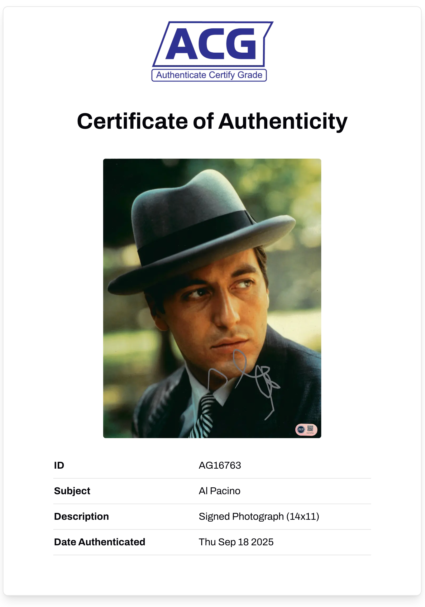AL PACINO SIGNED THE GODFATHER MICHAEL CORLEONE 14x11 PHOTO (ACG CERT AG16763)