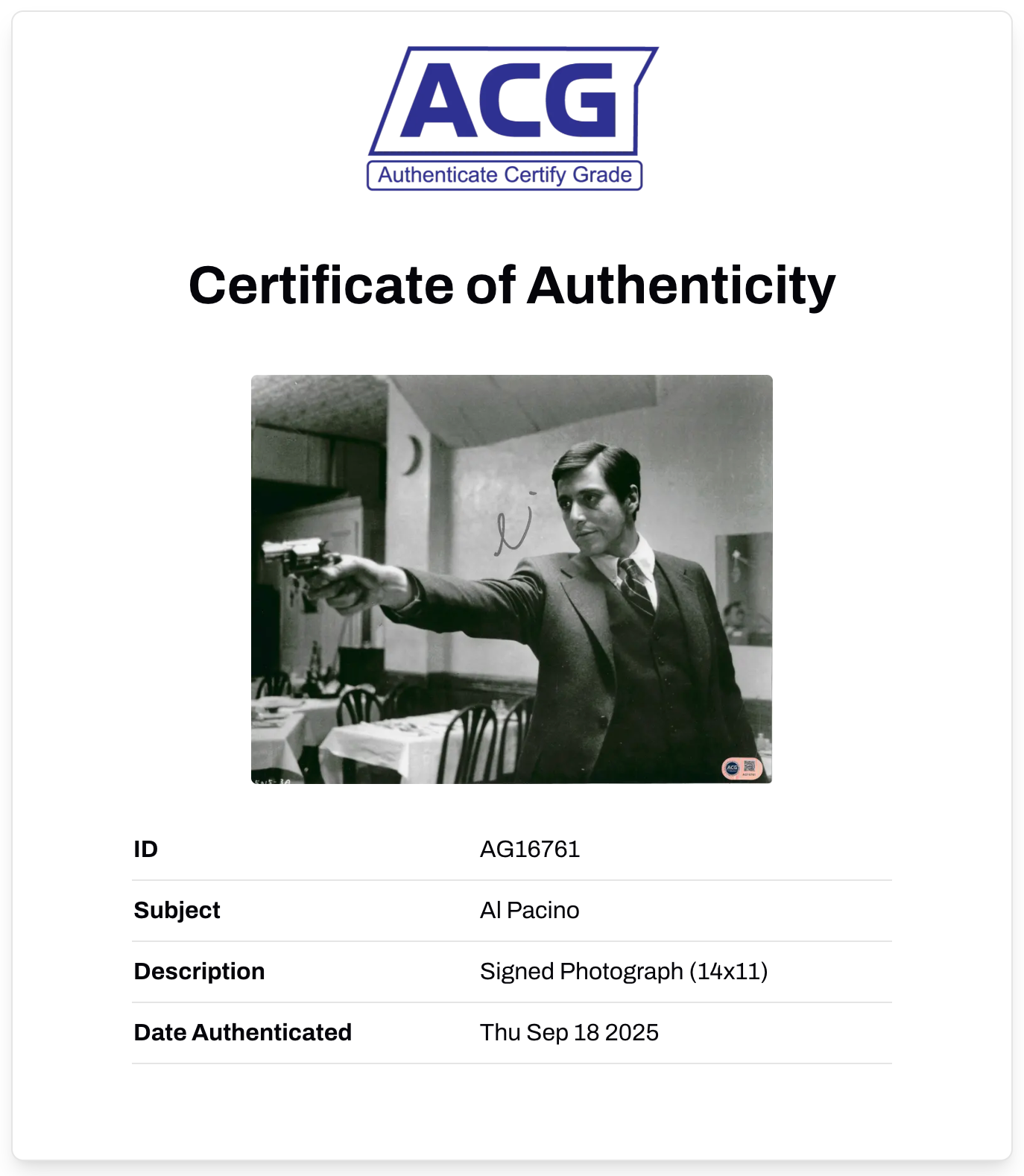 AL PACINO SIGNED THE GODFATHER MICHAEL CORLEONE 14x11 PHOTO (ACG CERT AG16761)