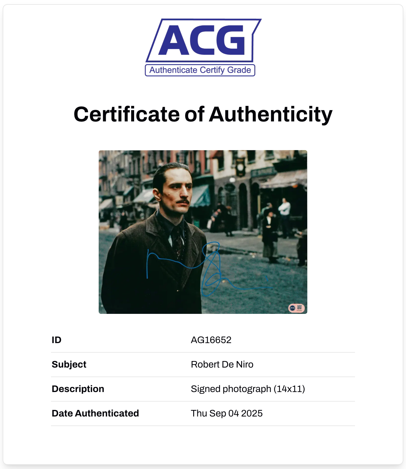 ROBERT DE NIRO SIGNED GODFATHER VITO CORLEONE 14x11 PHOTO (ACG CERT AG16652)