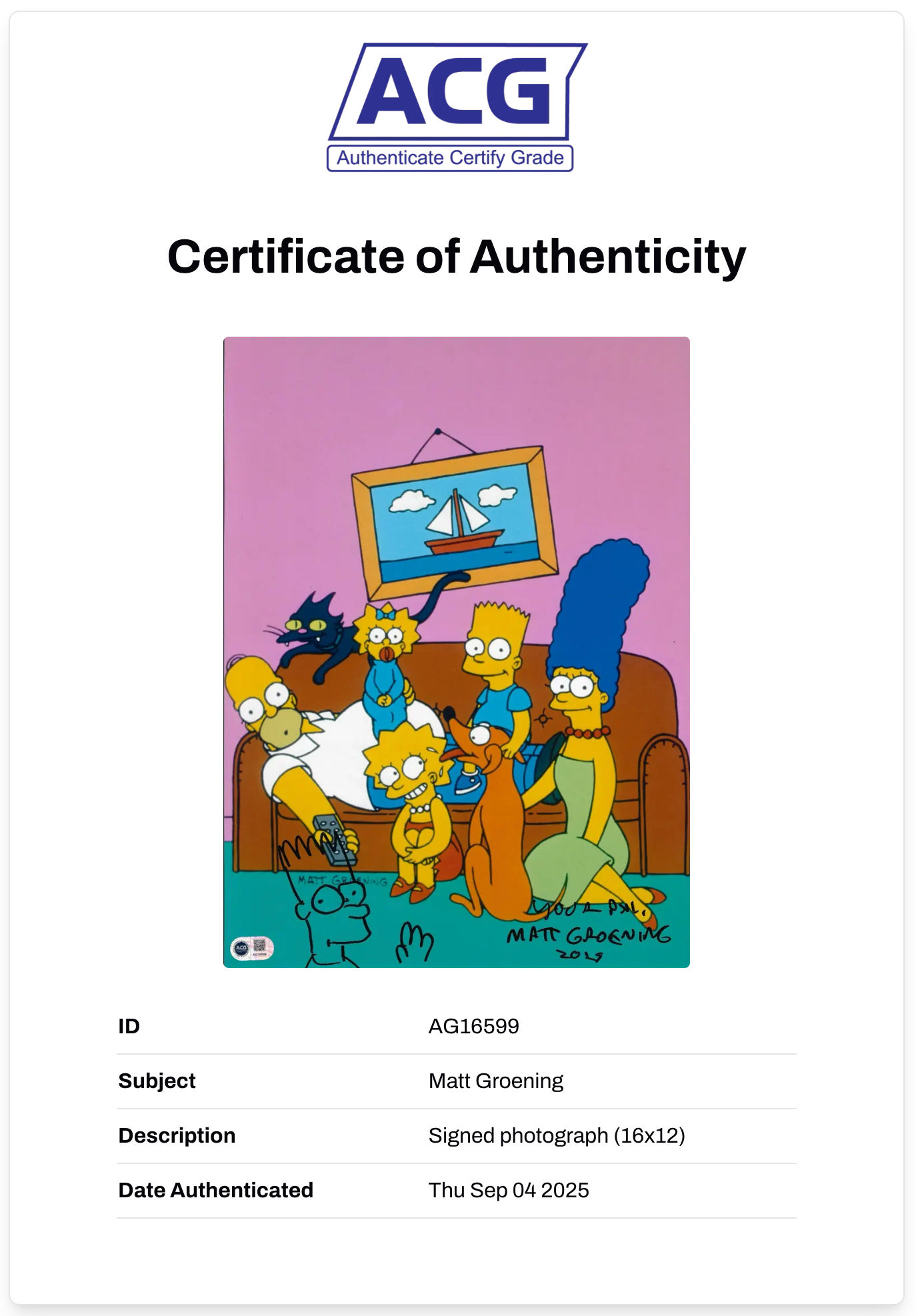 MATT GROENING SIGNED THE SIMPSONS 16x12 PHOTO (ACG CERT AG16599)
