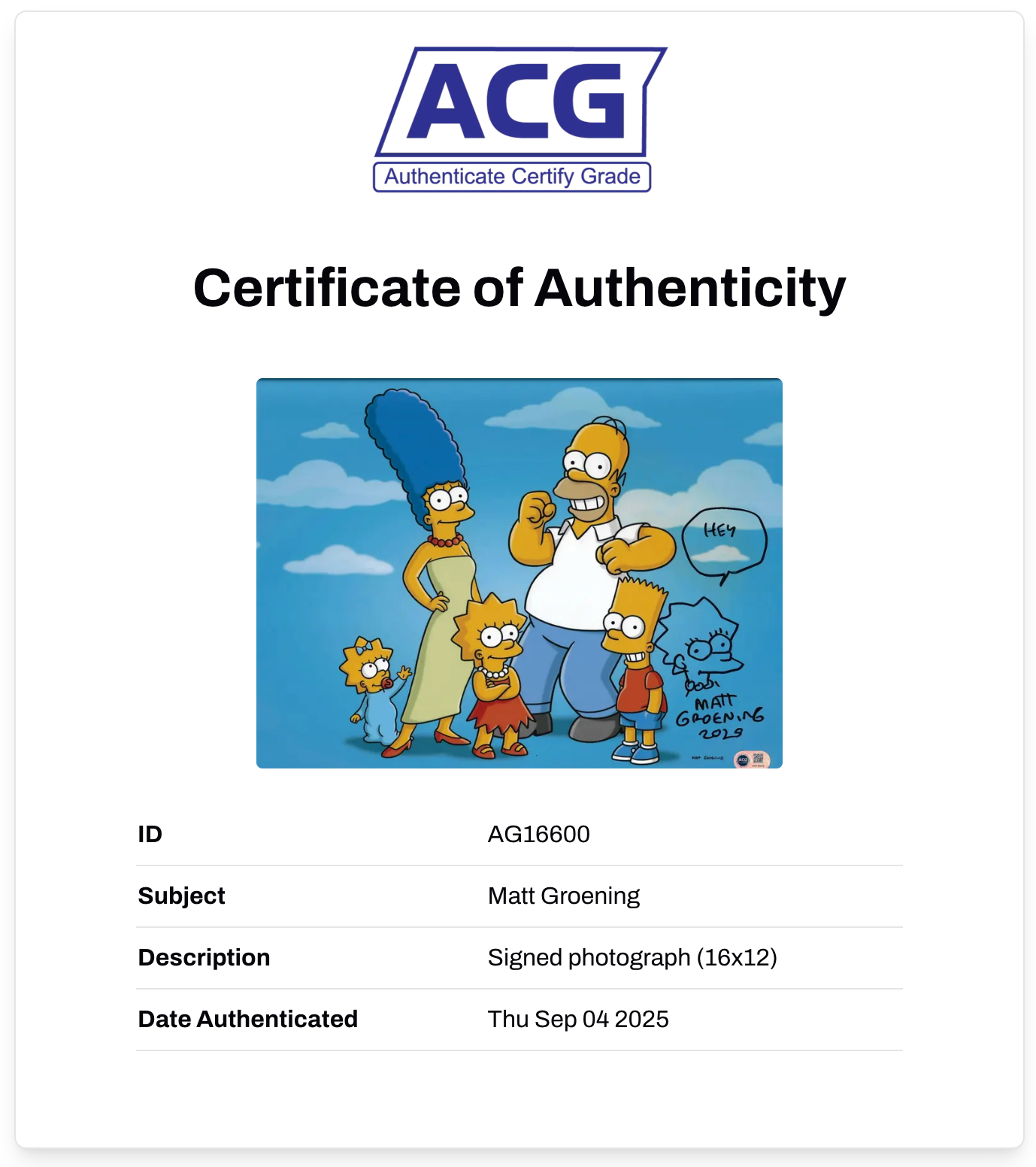 MATT GROENING SIGNED THE SIMPSONS 16x12 PHOTO (ACG CERT AG16600)