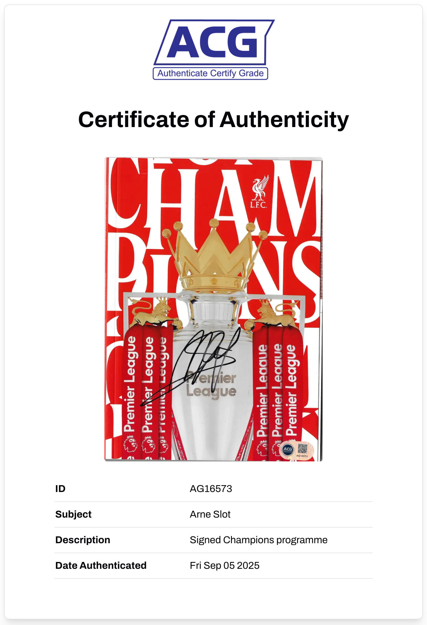 ARNE SLOT SIGNED LIVERPOOL FC 2024/25 CHAMPIONS PROGRAMME (ACG CERT AG16573)