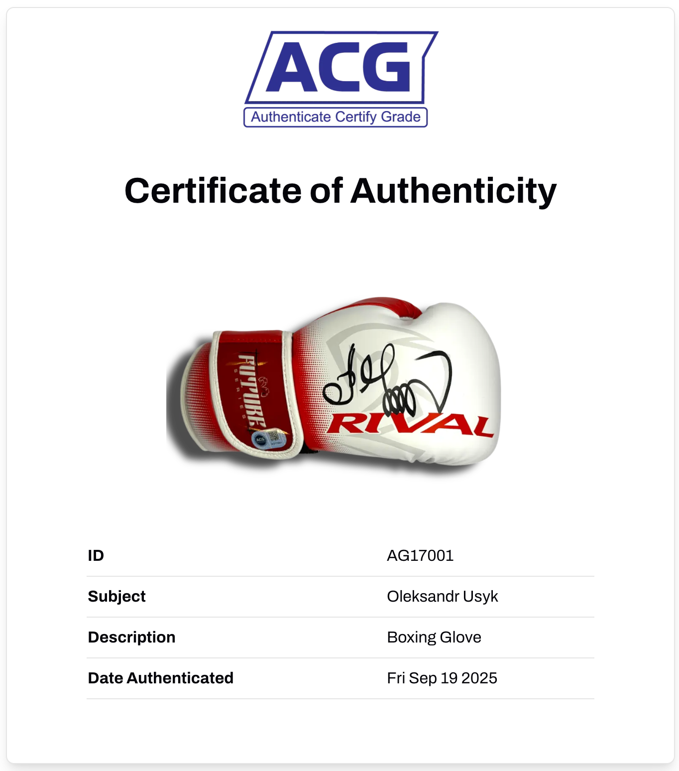 OLEKSANDR USYK SIGNED MID RIVAL WHITE BOXING GLOVE UNDISPUTED (ACG CERT AG17001)