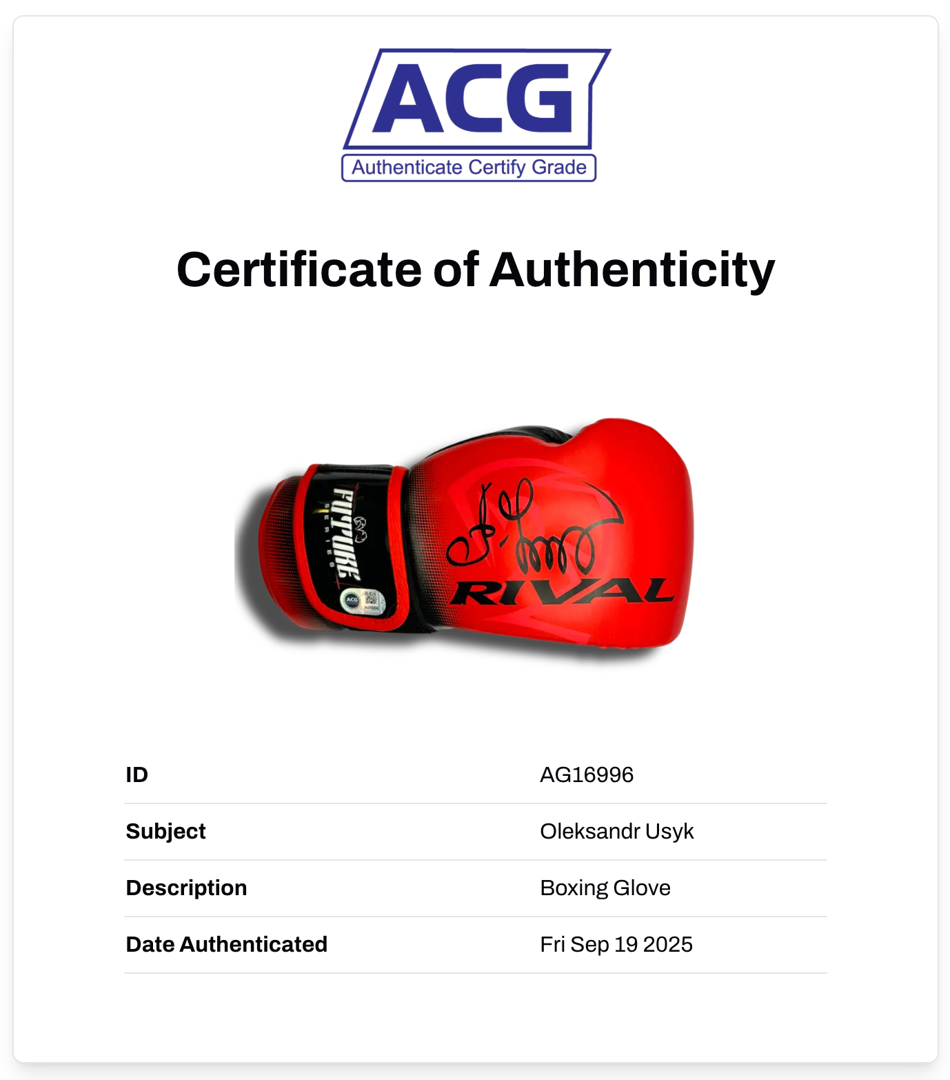 OLEKSANDR USYK SIGNED MID RIVAL RED BOXING GLOVE UNDISPUTED (ACG CERT AG16996)
