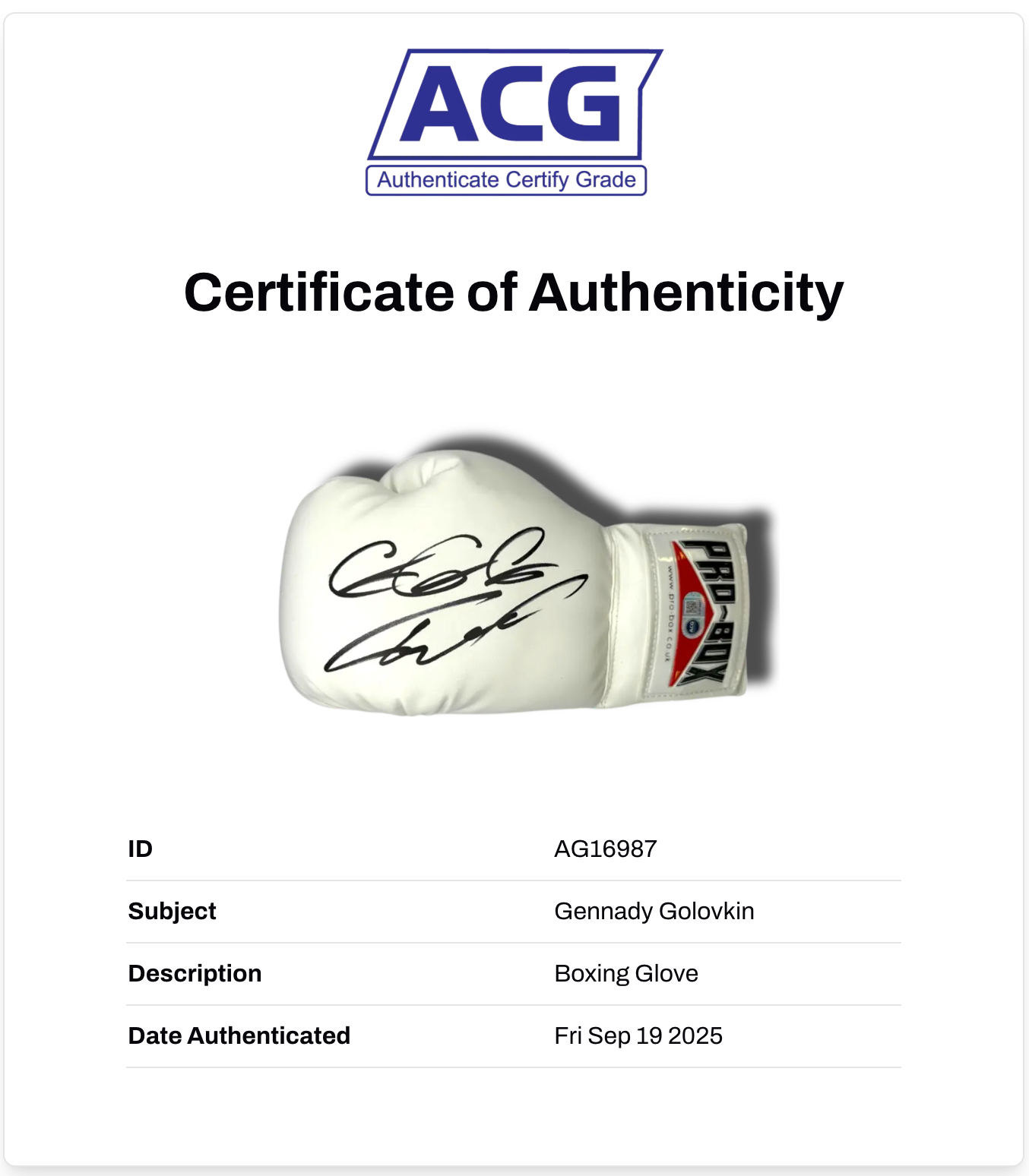 GENNADY GOLOVKIN GGG SIGNED WHITE PRO BOX BOXING GLOVE (ACG CERT AG16987)