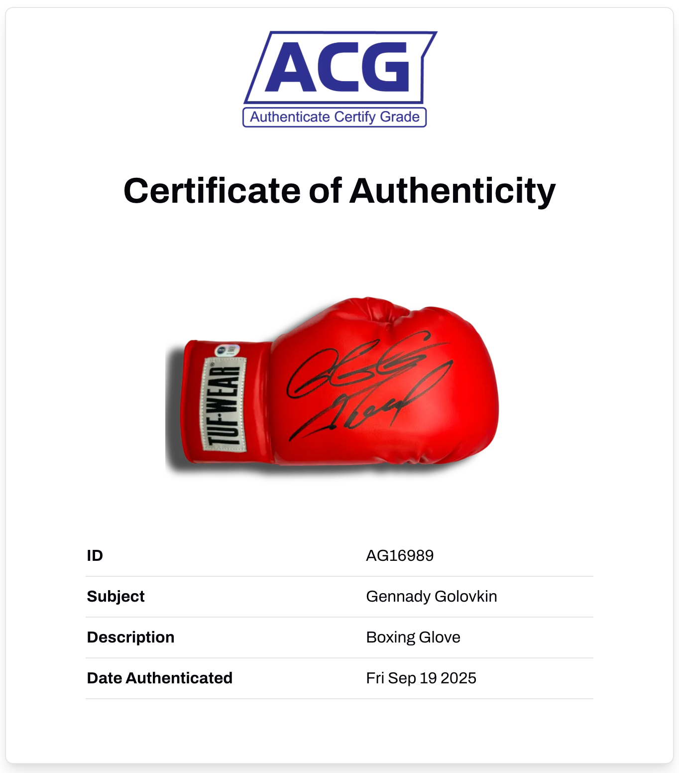 GENNADY GOLOVKIN GGG SIGNED RED TUF-WEAR BOXING GLOVE (ACG CERT AG16989)