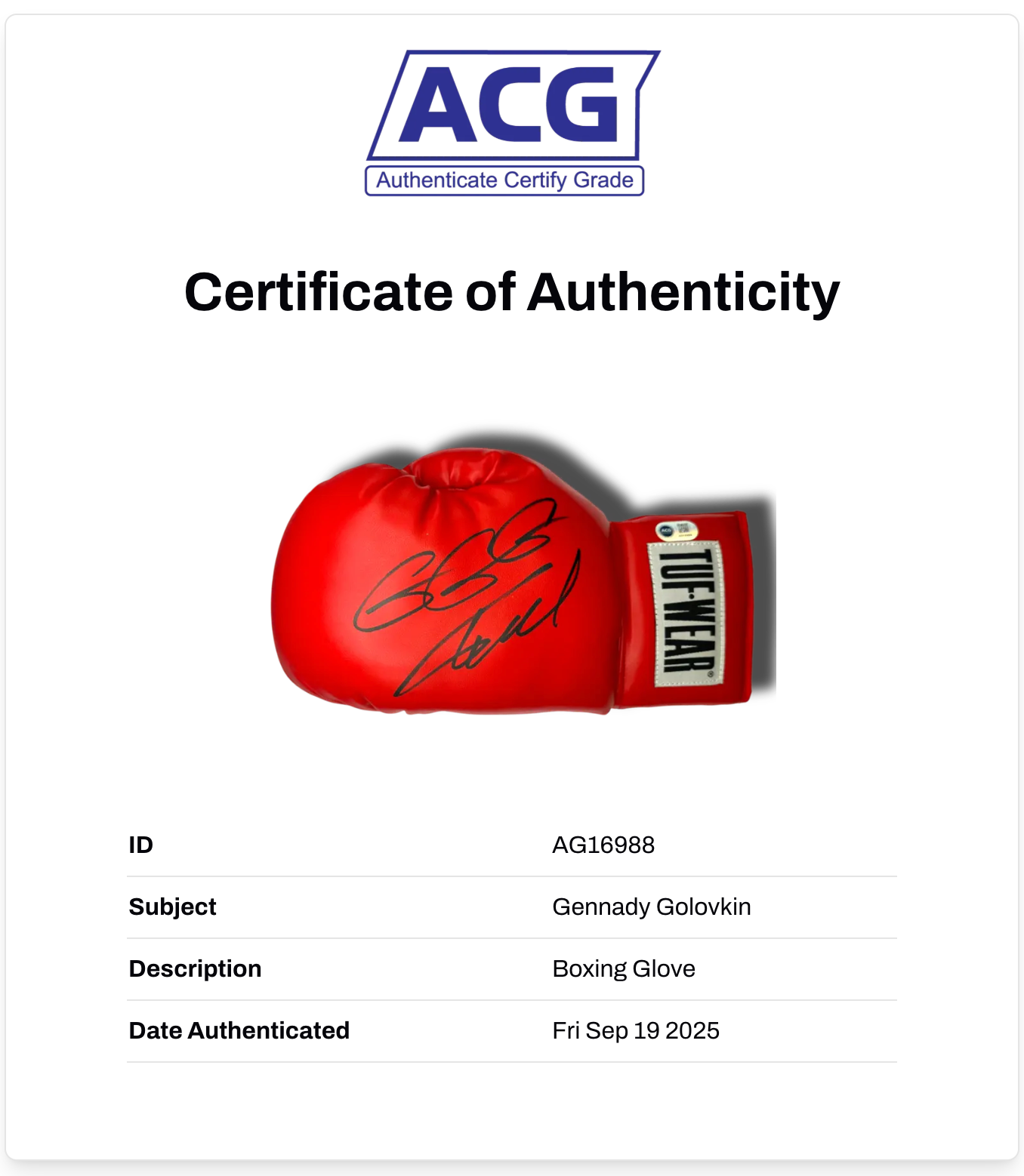 GENNADY GOLOVKIN GGG SIGNED RED TUF-WEAR BOXING GLOVE (ACG CERT AG16988)