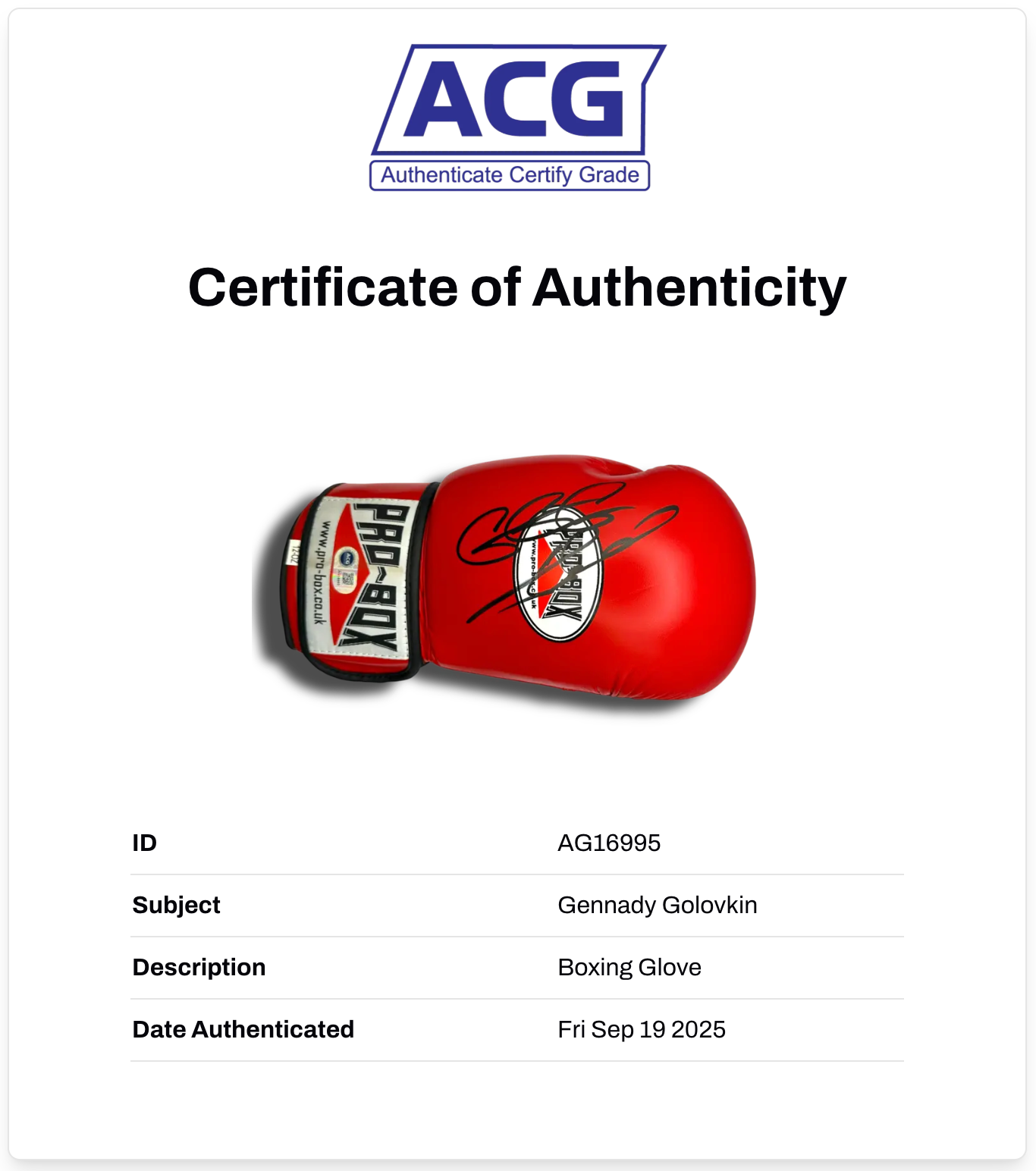 GENNADY GOLOVKIN GGG SIGNED RED PRO-BOX BOXING GLOVE (ACG CERT AG16995)