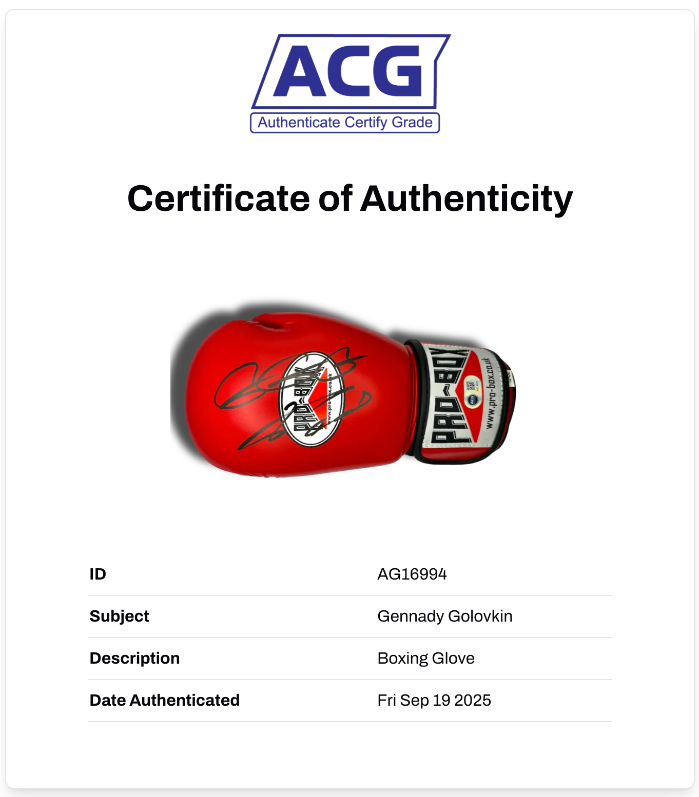 GENNADY GOLOVKIN GGG SIGNED RED PRO-BOX BOXING GLOVE (ACG CERT AG16994)