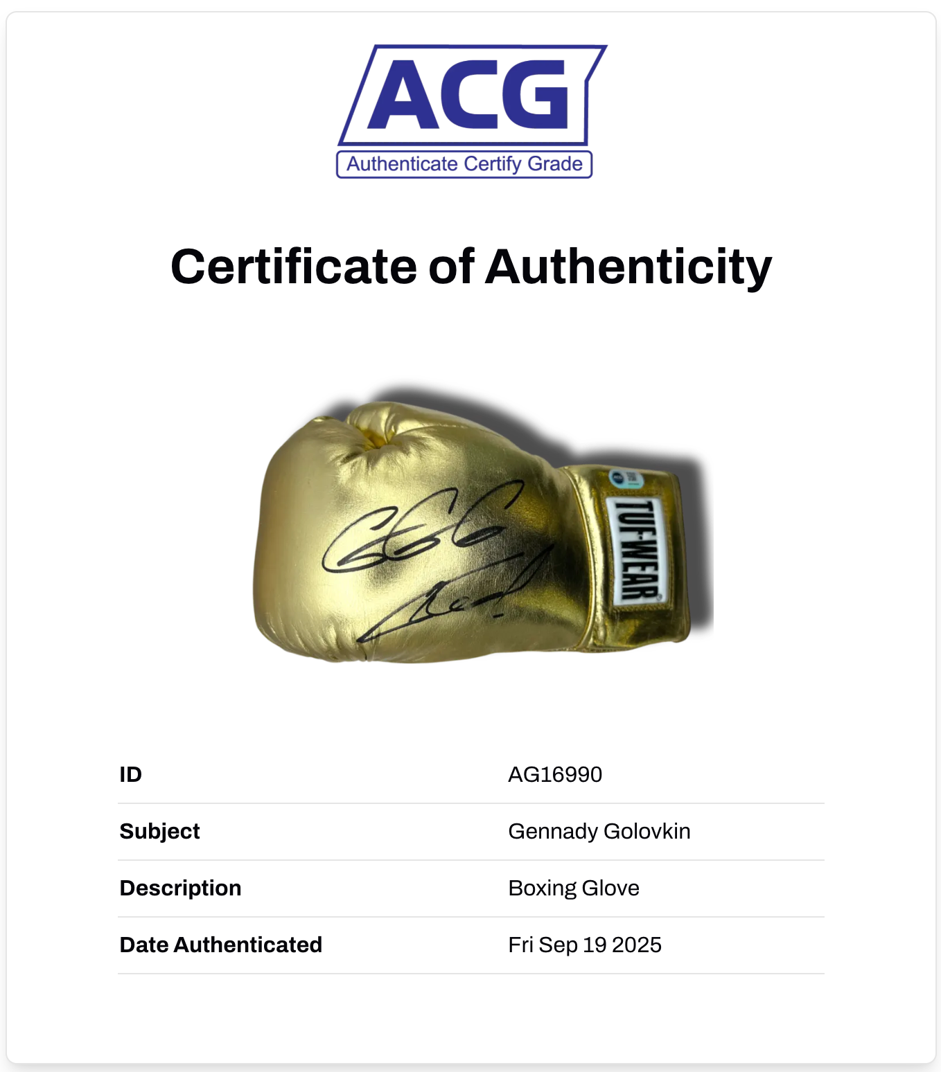 GENNADY GOLOVKIN GGG SIGNED GOLD TUF-WEAR BOXING GLOVE (ACG CERT AG16990)