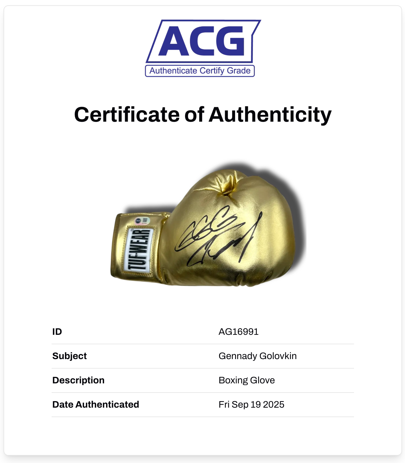 GENNADY GOLOVKIN GGG SIGNED GOLD TUF-WEAR BOXING GLOVE (ACG CERT AG16991)