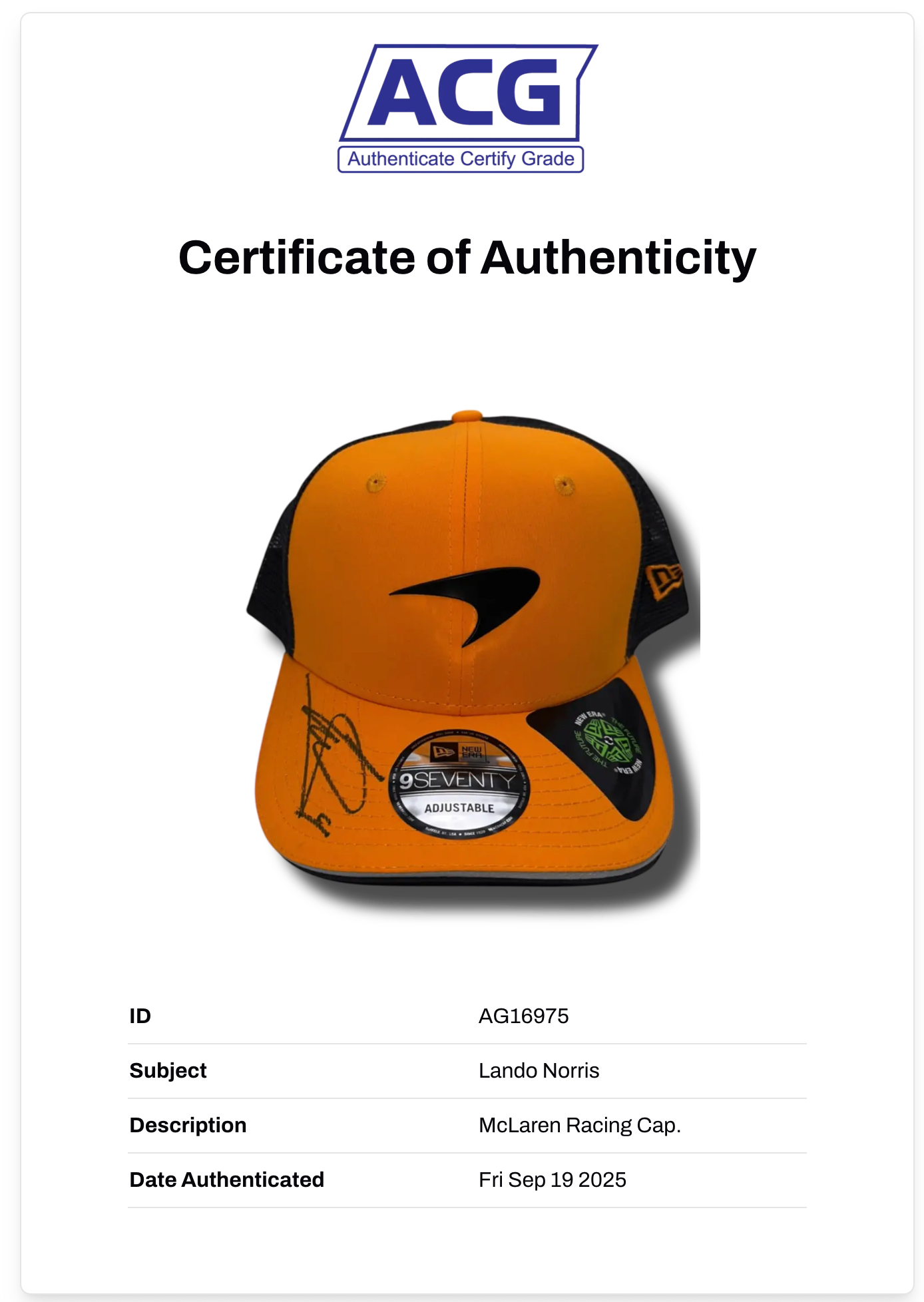 LANDO NORRIS SIGNED MCLAREN CASTORE 2024 FORMULA 1 CAP (ACG CERT AG16975)