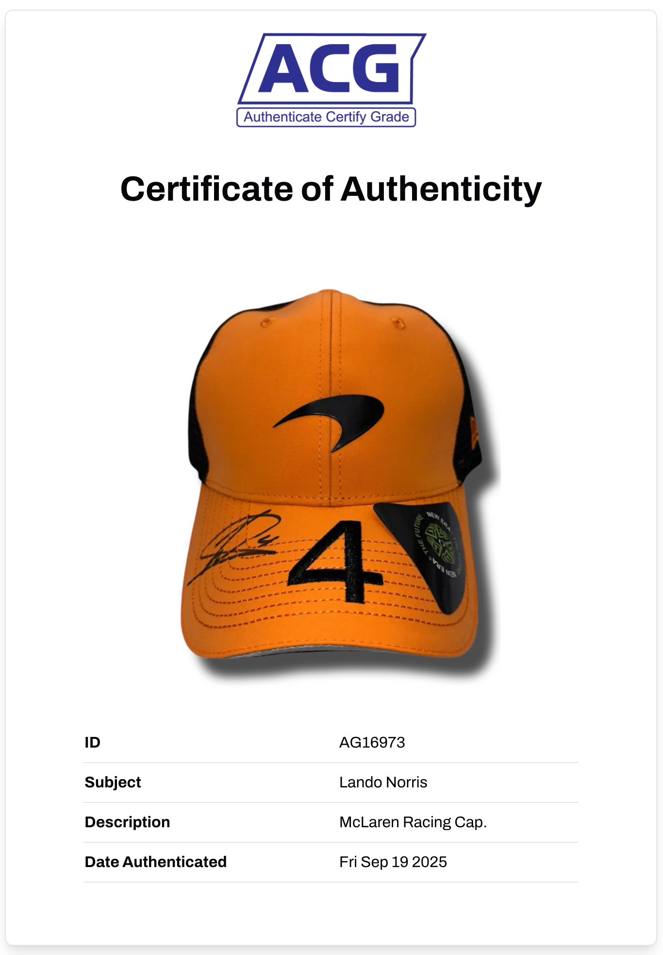 LANDO NORRIS SIGNED MCLAREN CASTORE 2024 FORMULA 1 CAP (ACG CERT AG16973)