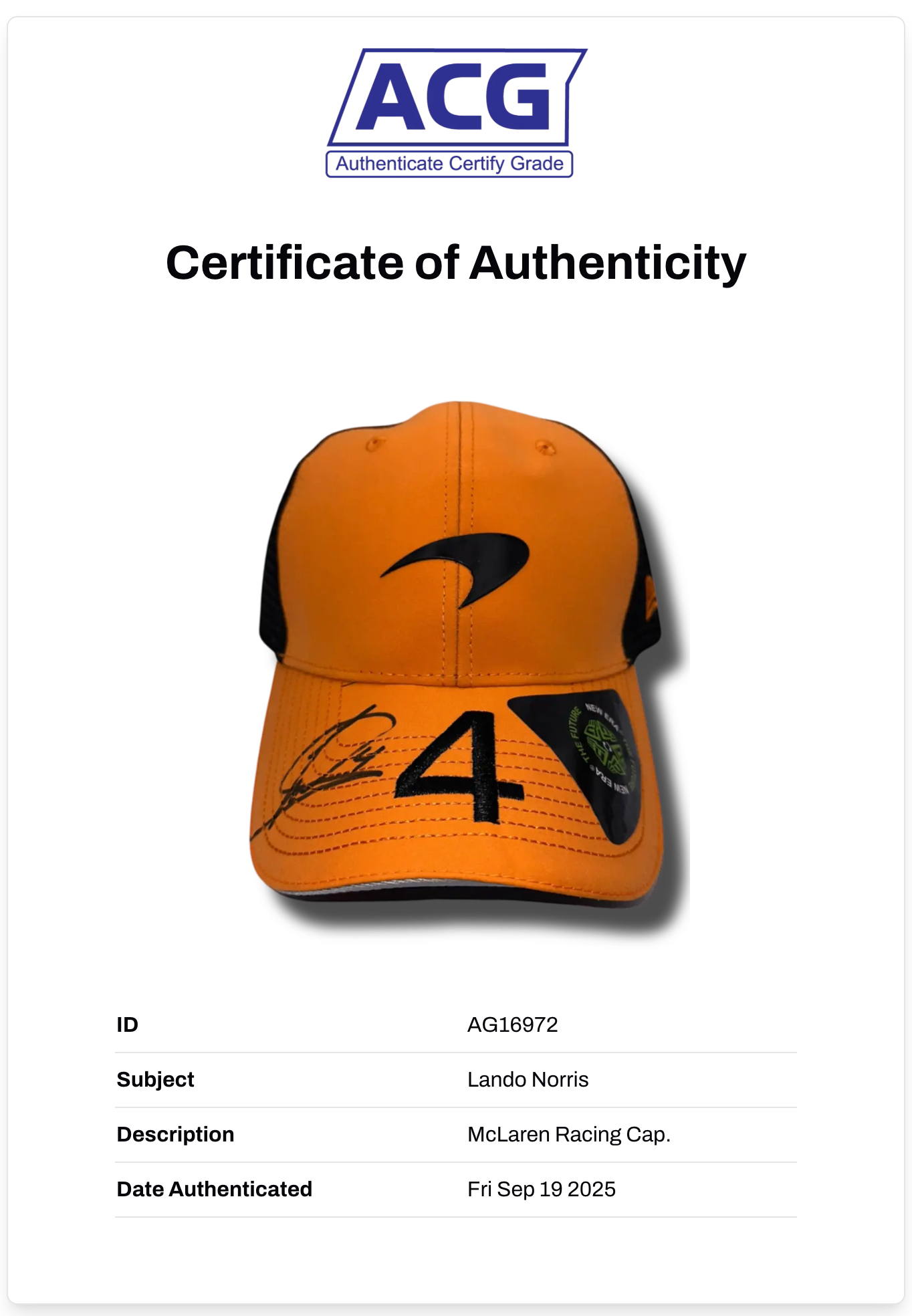 LANDO NORRIS SIGNED MCLAREN CASTORE 2024 FORMULA 1 CAP (ACG CERT AG16972)