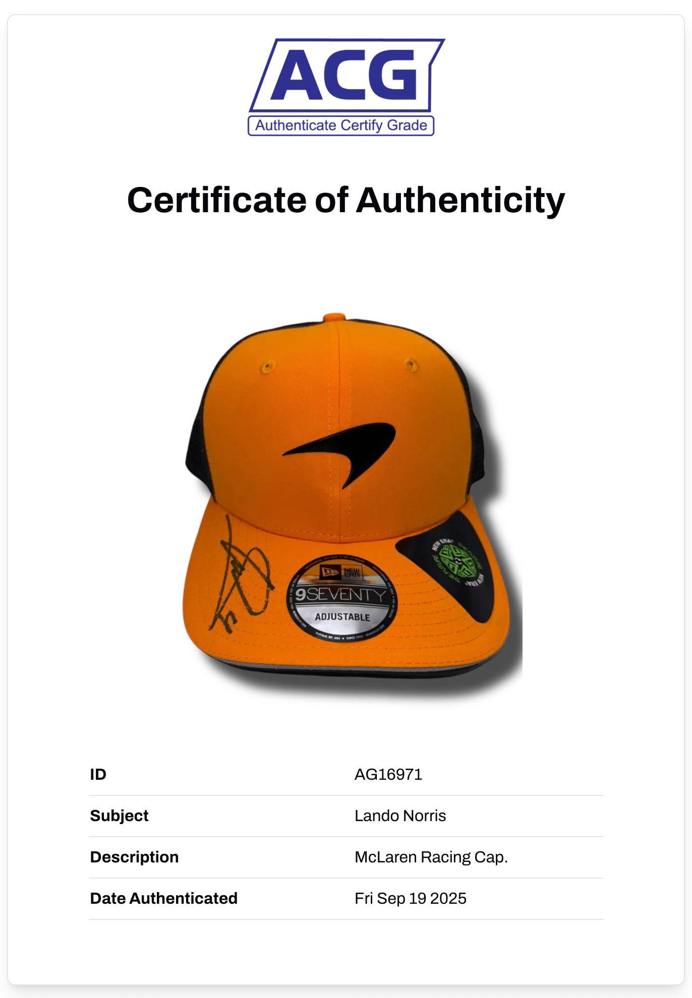 LANDO NORRIS SIGNED MCLAREN CASTORE 2024 FORMULA 1 CAP (ACG CERT AG16971)