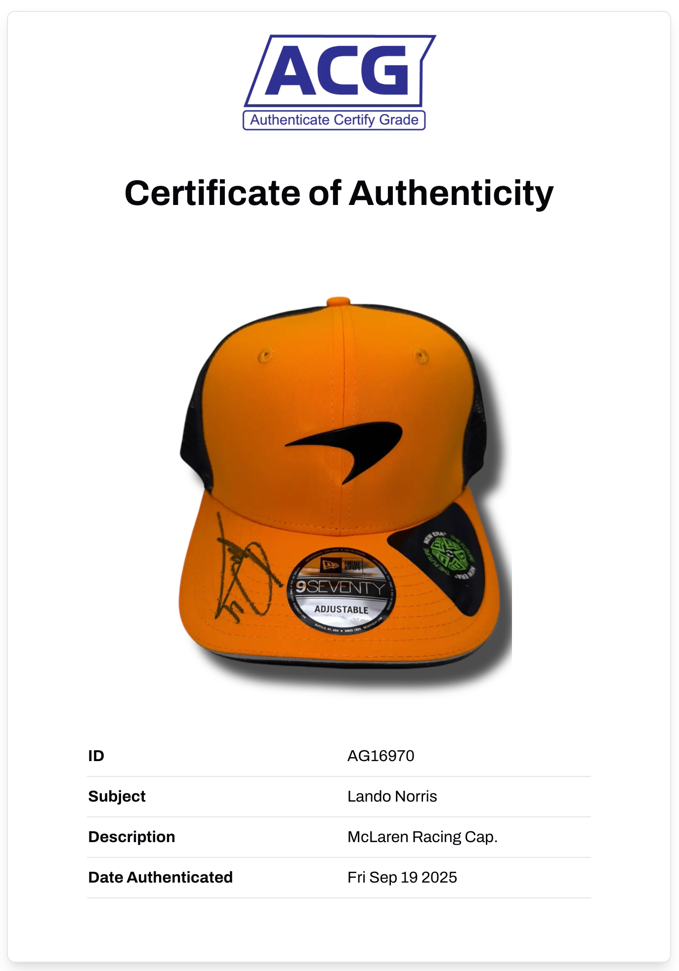 LANDO NORRIS SIGNED MCLAREN CASTORE 2024 FORMULA 1 CAP (ACG CERT AG16970)