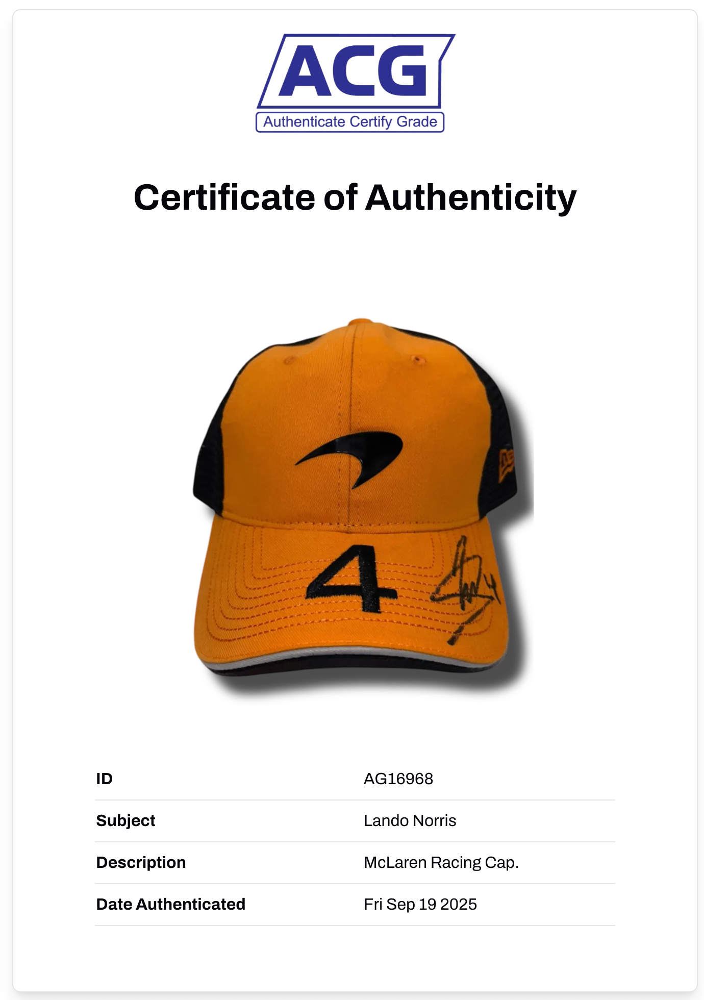 LANDO NORRIS SIGNED MCLAREN CASTORE 2024 FORMULA 1 CAP (ACG CERT AG16968)