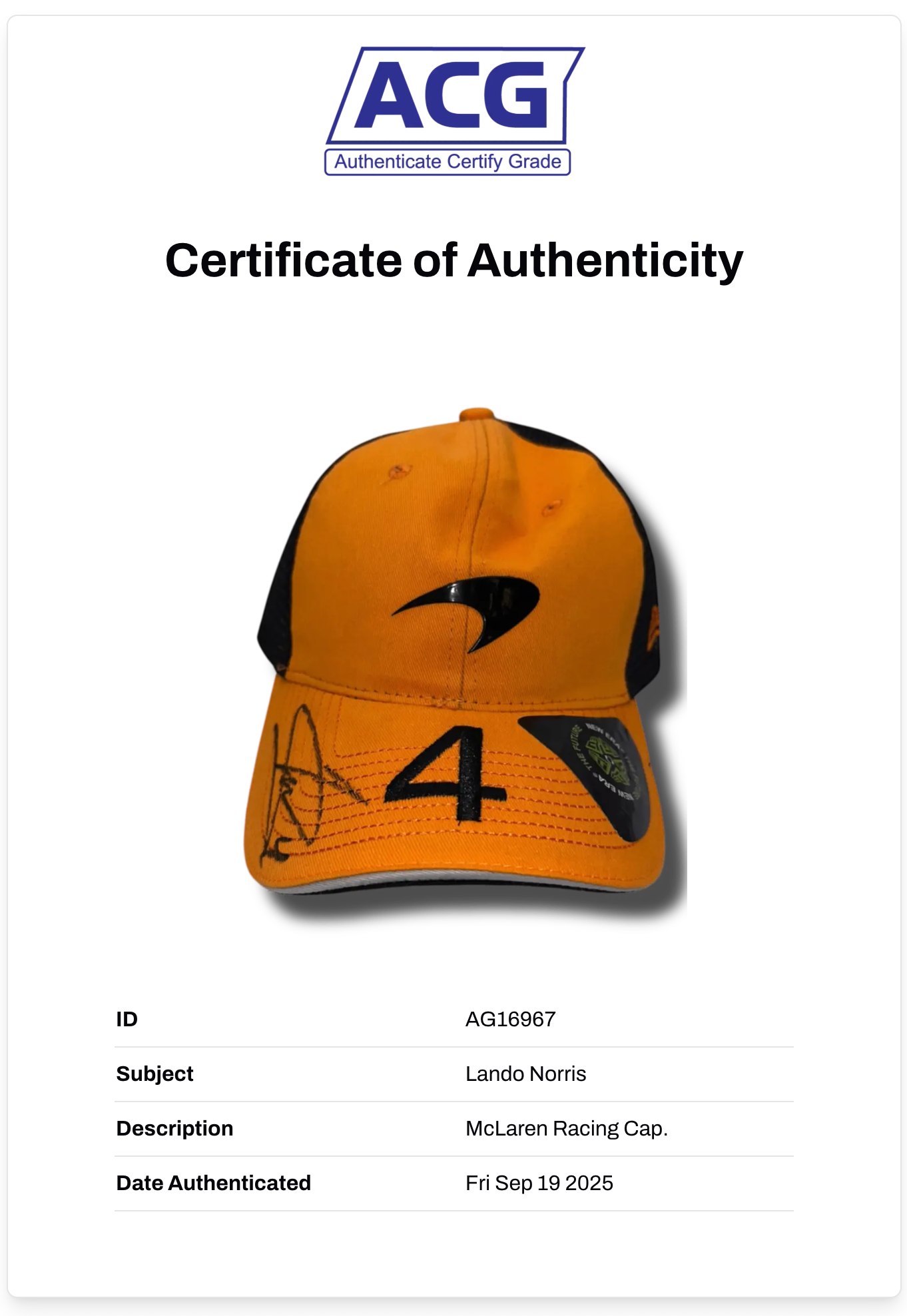 LANDO NORRIS SIGNED MCLAREN CASTORE 2024 FORMULA 1 CAP (ACG CERT AG16967)