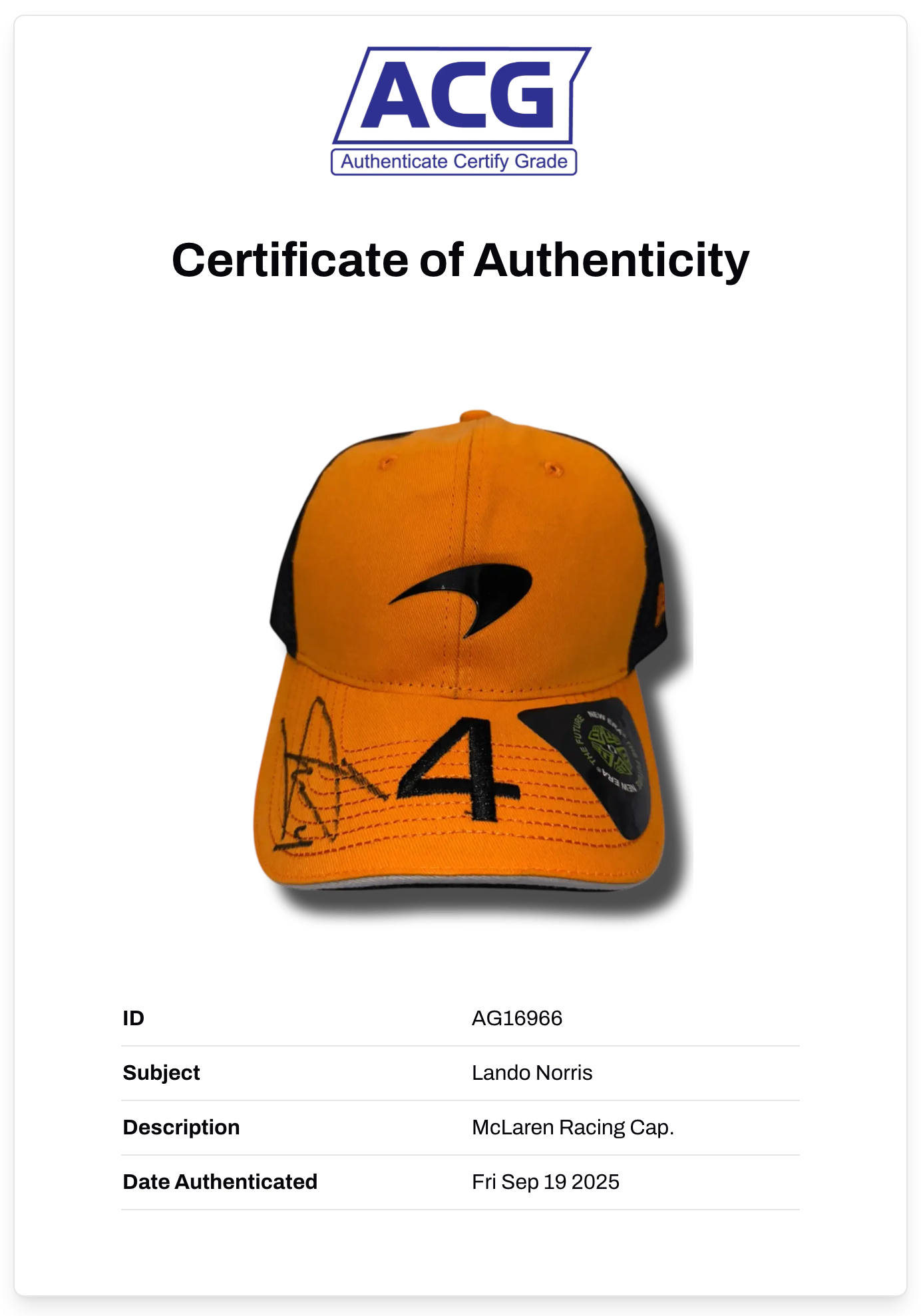 LANDO NORRIS SIGNED MCLAREN CASTORE 2024 FORMULA 1 CAP (ACG CERT AG16966)