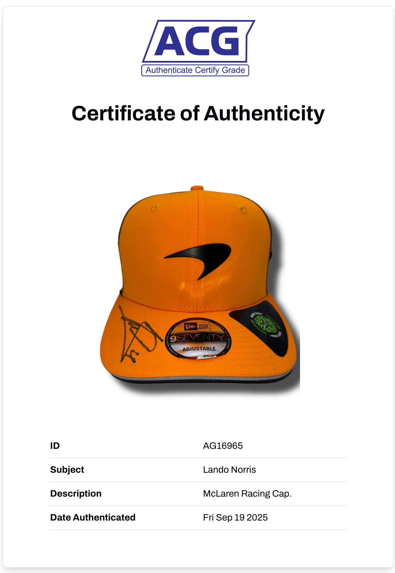LANDO NORRIS SIGNED MCLAREN CASTORE 2024 FORMULA 1 CAP (ACG CERT AG16965)