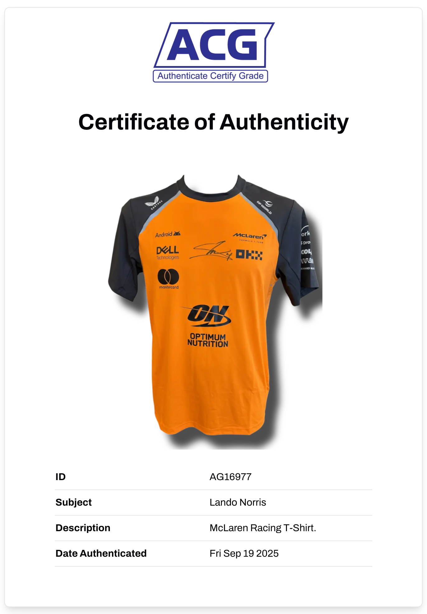 LANDO NORRIS SIGNED MCLAREN CASTORE FORMULA 1 T-SHIRT (ACG CERT AG16977)
