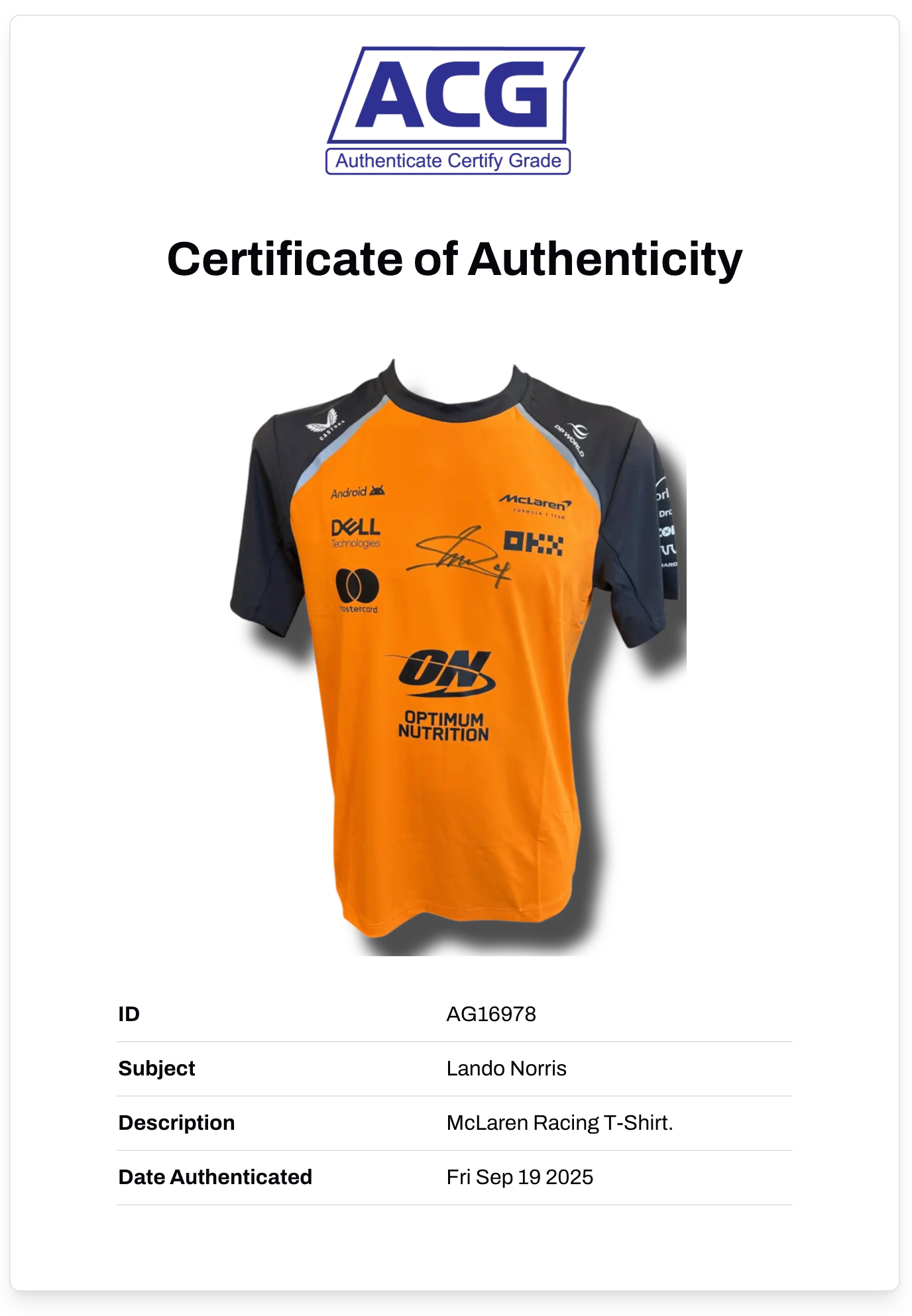 LANDO NORRIS SIGNED MCLAREN CASTORE FORMULA 1 T-SHIRT (ACG CERT AG16978)