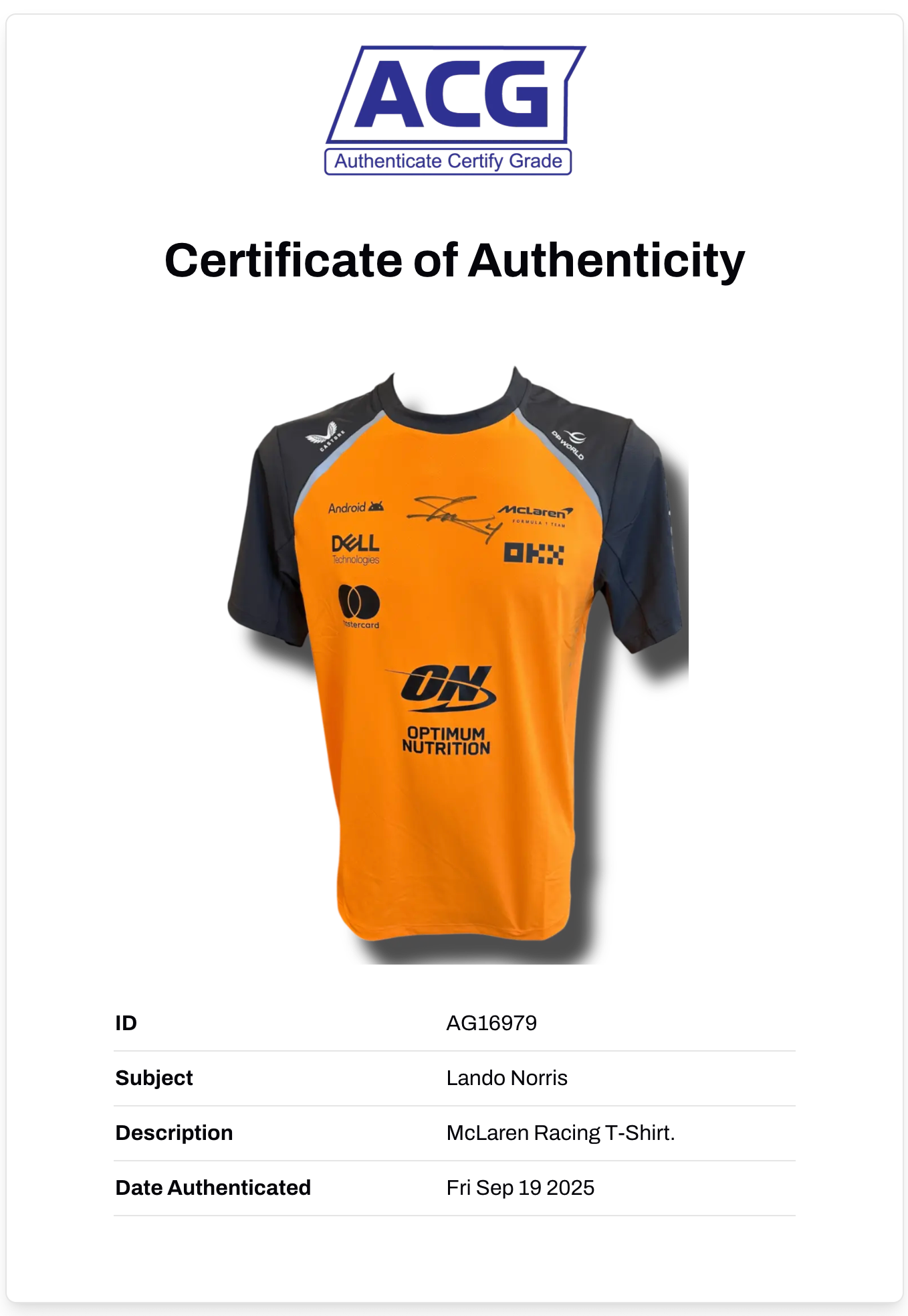 LANDO NORRIS SIGNED MCLAREN CASTORE FORMULA 1 T-SHIRT (ACG CERT AG16979)