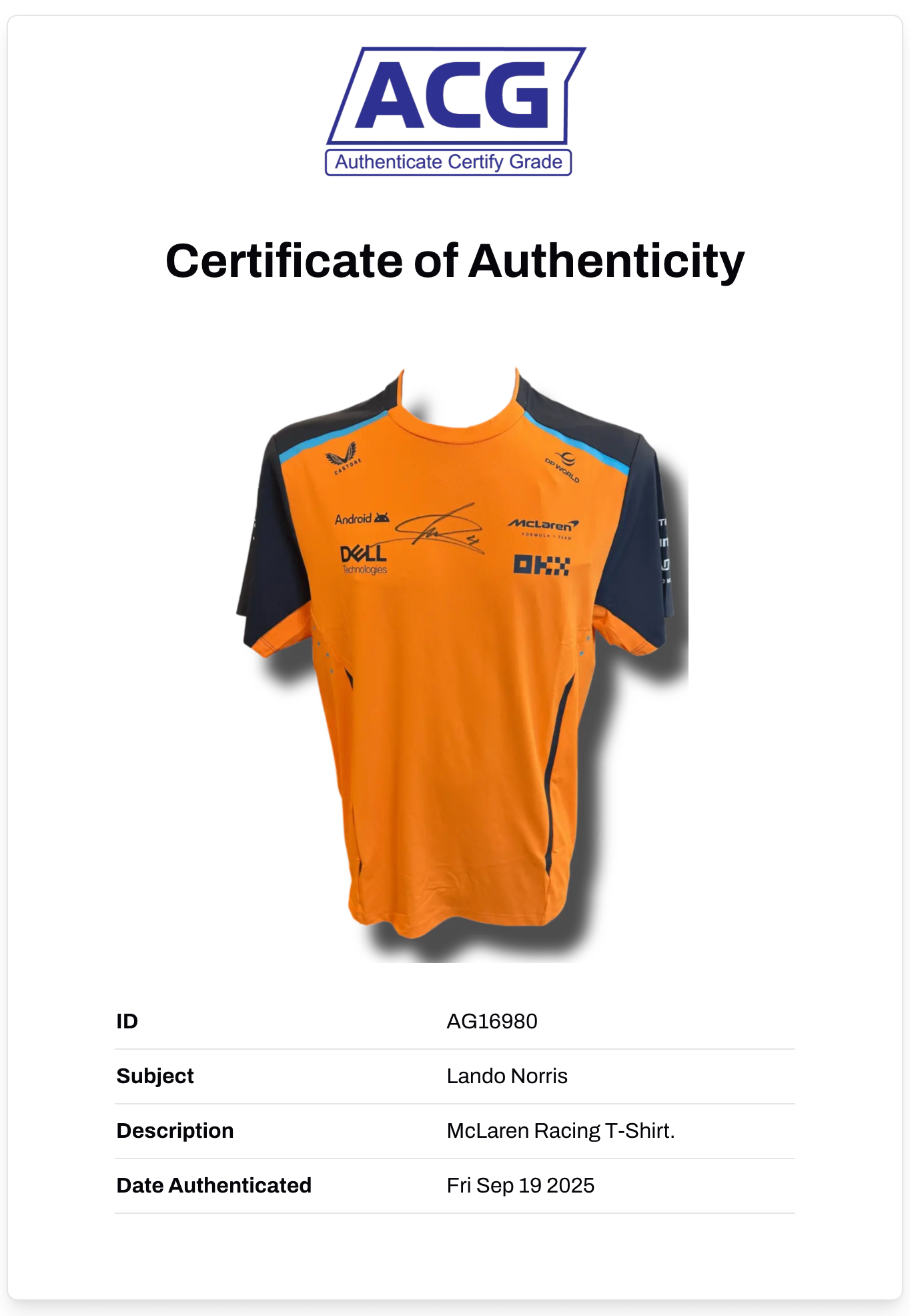LANDO NORRIS SIGNED MCLAREN CASTORE FORMULA 1 T-SHIRT (ACG CERT AG16980)