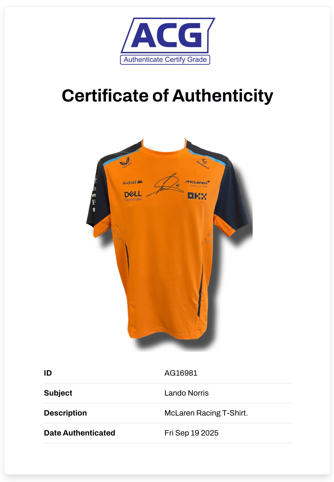 LANDO NORRIS SIGNED MCLAREN CASTORE FORMULA 1 T-SHIRT (ACG CERT AG16981)